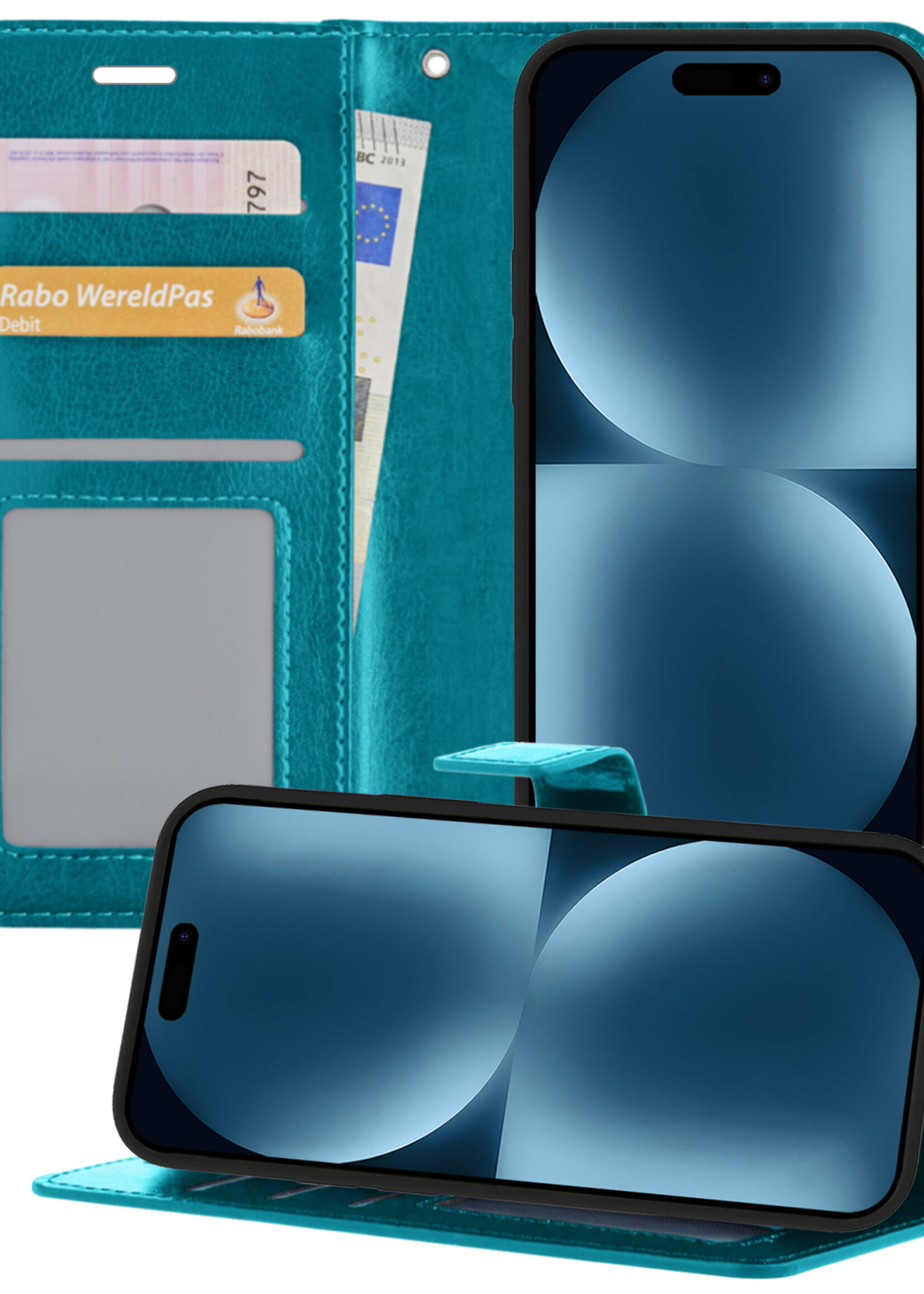 BTH Hoesje Geschikt voor iPhone 15 Plus Hoesje Book Case Hoes Portemonnee Cover Walletcase - Hoes Geschikt voor iPhone 15 Plus Hoes Bookcase Hoesje - Turquoise