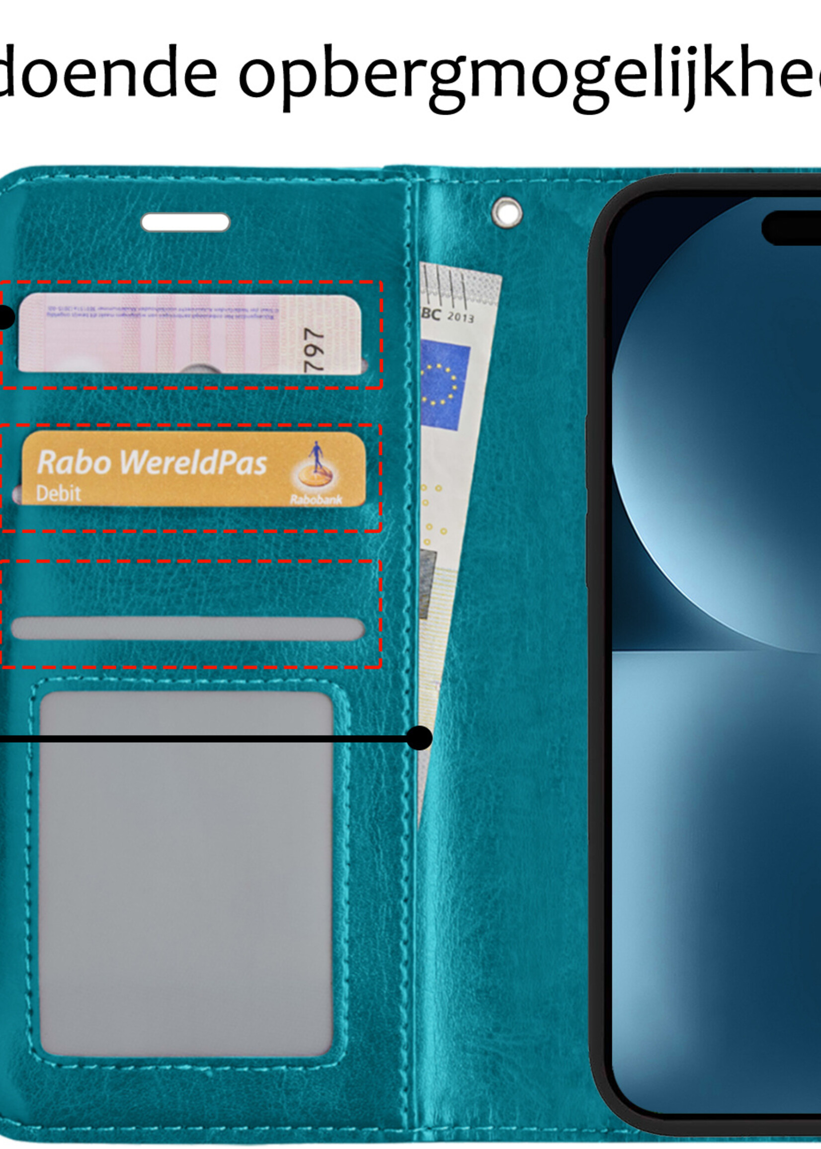 BTH Hoesje Geschikt voor iPhone 15 Plus Hoesje Book Case Hoes Portemonnee Cover Walletcase - Hoes Geschikt voor iPhone 15 Plus Hoes Bookcase Hoesje - Turquoise