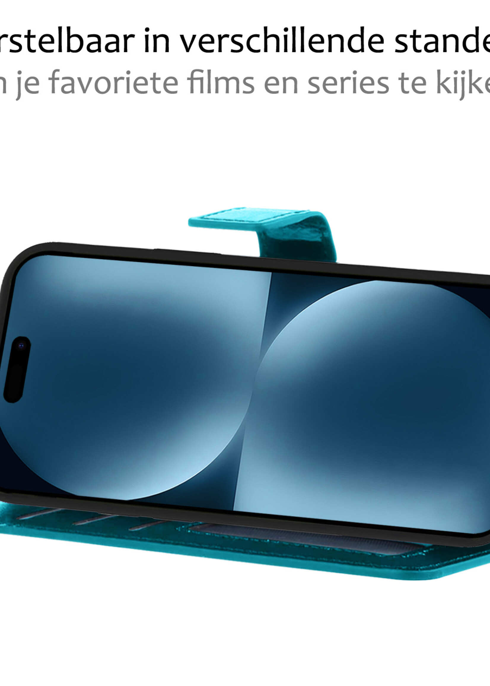 BTH Hoesje Geschikt voor iPhone 15 Plus Hoesje Book Case Hoes Portemonnee Cover Walletcase - Hoes Geschikt voor iPhone 15 Plus Hoes Bookcase Hoesje - Turquoise