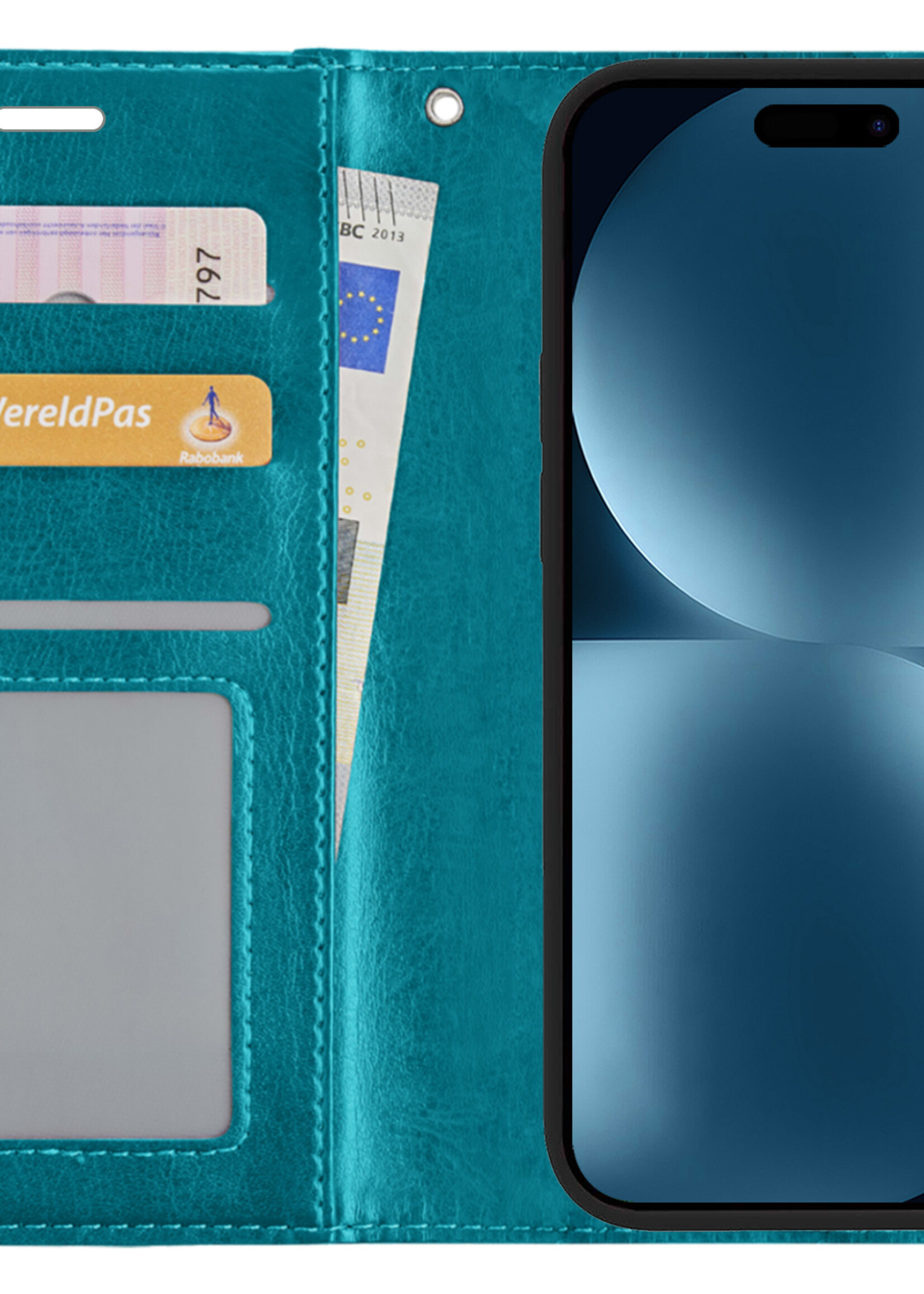 BTH Hoesje Geschikt voor iPhone 15 Plus Hoesje Book Case Hoes Portemonnee Cover Walletcase - Hoes Geschikt voor iPhone 15 Plus Hoes Bookcase Hoesje - Turquoise