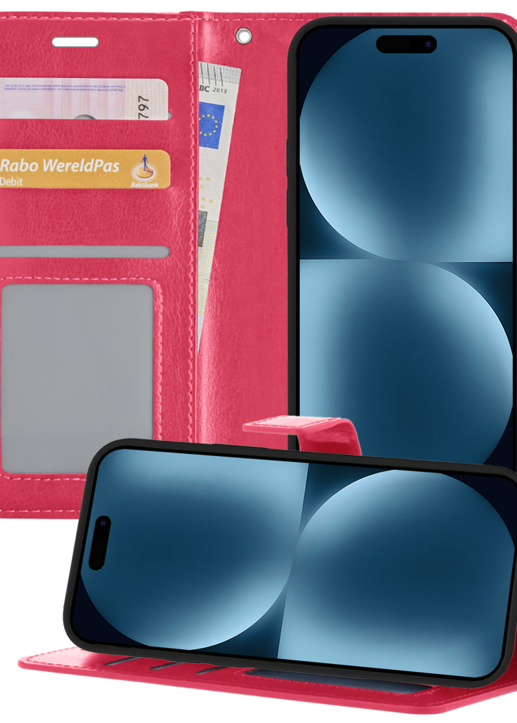 BTH Hoesje Geschikt voor iPhone 15 Pro Hoesje Book Case Hoes Portemonnee Cover Walletcase - Hoes Geschikt voor iPhone 15 Pro Hoes Bookcase Hoesje - Roze