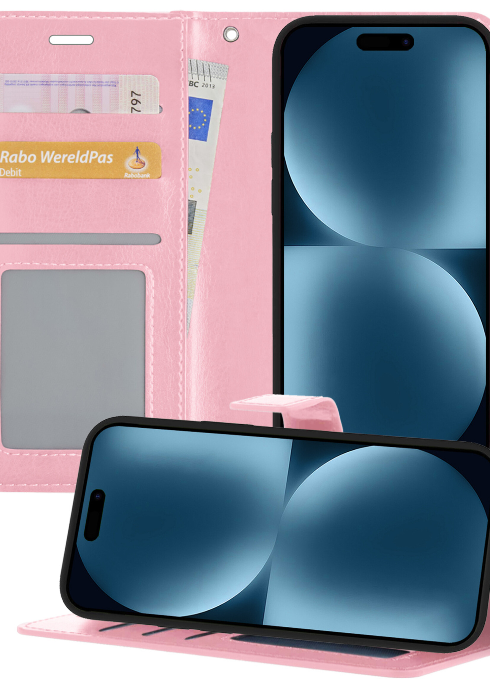 BTH Hoesje Geschikt voor iPhone 15 Pro Hoesje Book Case Hoes Portemonnee Cover Walletcase - Hoes Geschikt voor iPhone 15 Pro Hoes Bookcase Hoesje - Roze
