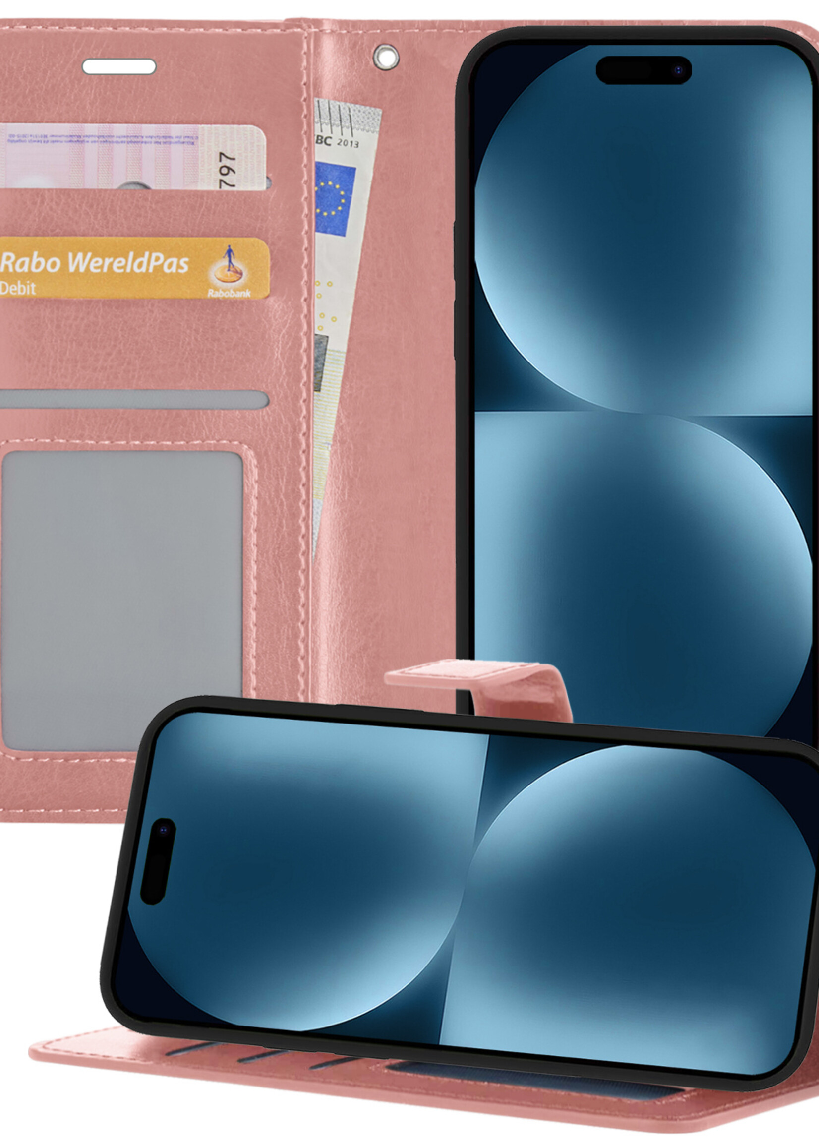BTH Hoesje Geschikt voor iPhone 15 Pro Hoesje Book Case Hoes Portemonnee Cover Walletcase - Hoes Geschikt voor iPhone 15 Pro Hoes Bookcase Hoesje - Rosé goud