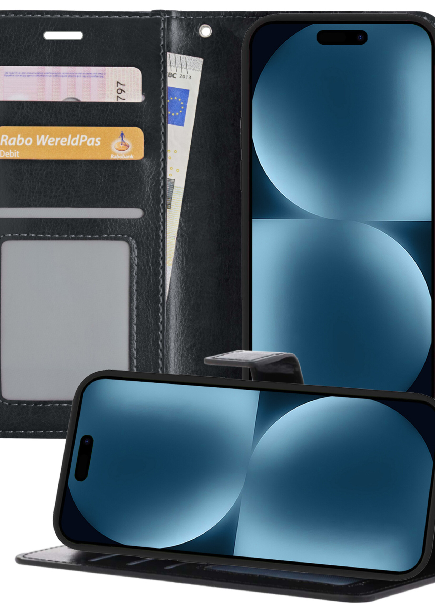 BTH Hoesje Geschikt voor iPhone 15 Pro Max Hoesje Book Case Hoes Portemonnee Cover Walletcase - Hoes Geschikt voor iPhone 15 Pro Max Hoes Bookcase Hoesje - Zwart