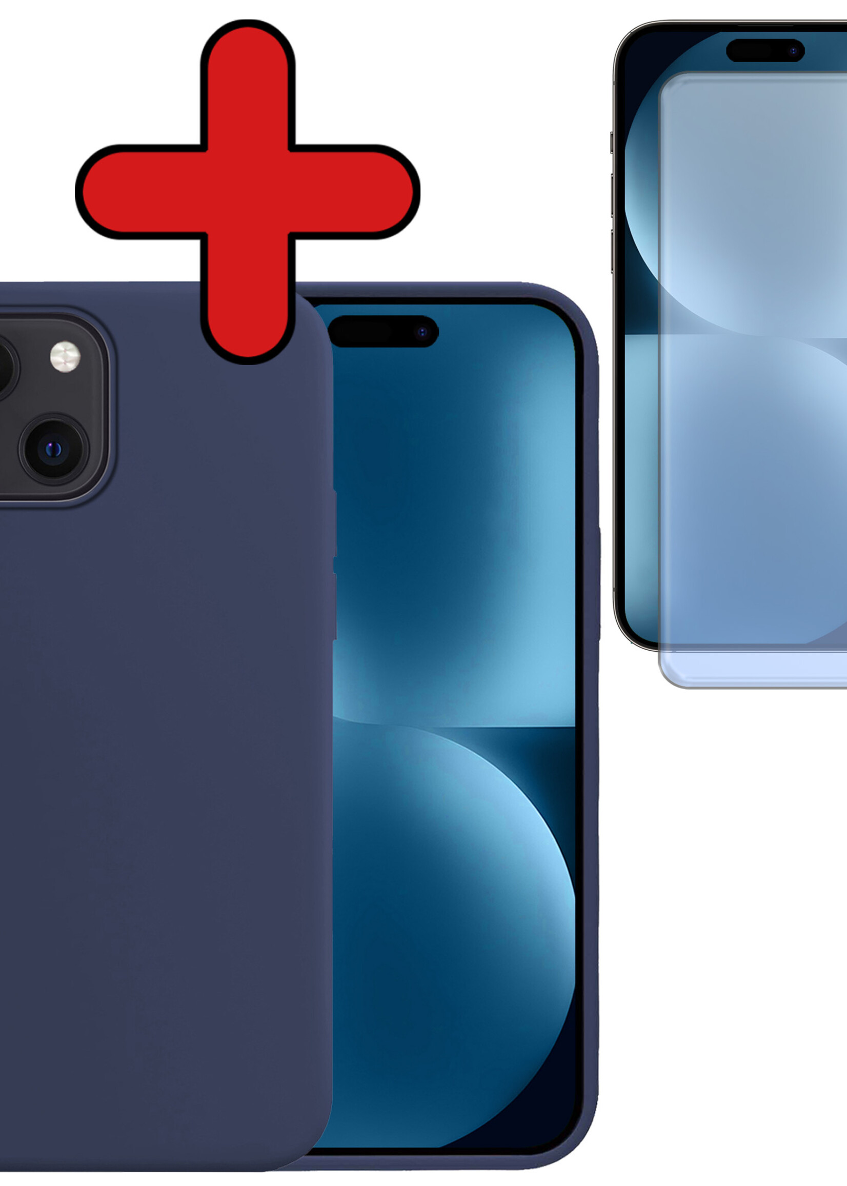 BTH Hoesje Geschikt voor iPhone 15 Hoesje Siliconen Case Hoes Met Screenprotector - Hoes Geschikt voor iPhone 15 Hoes Cover Case - Donkerblauw