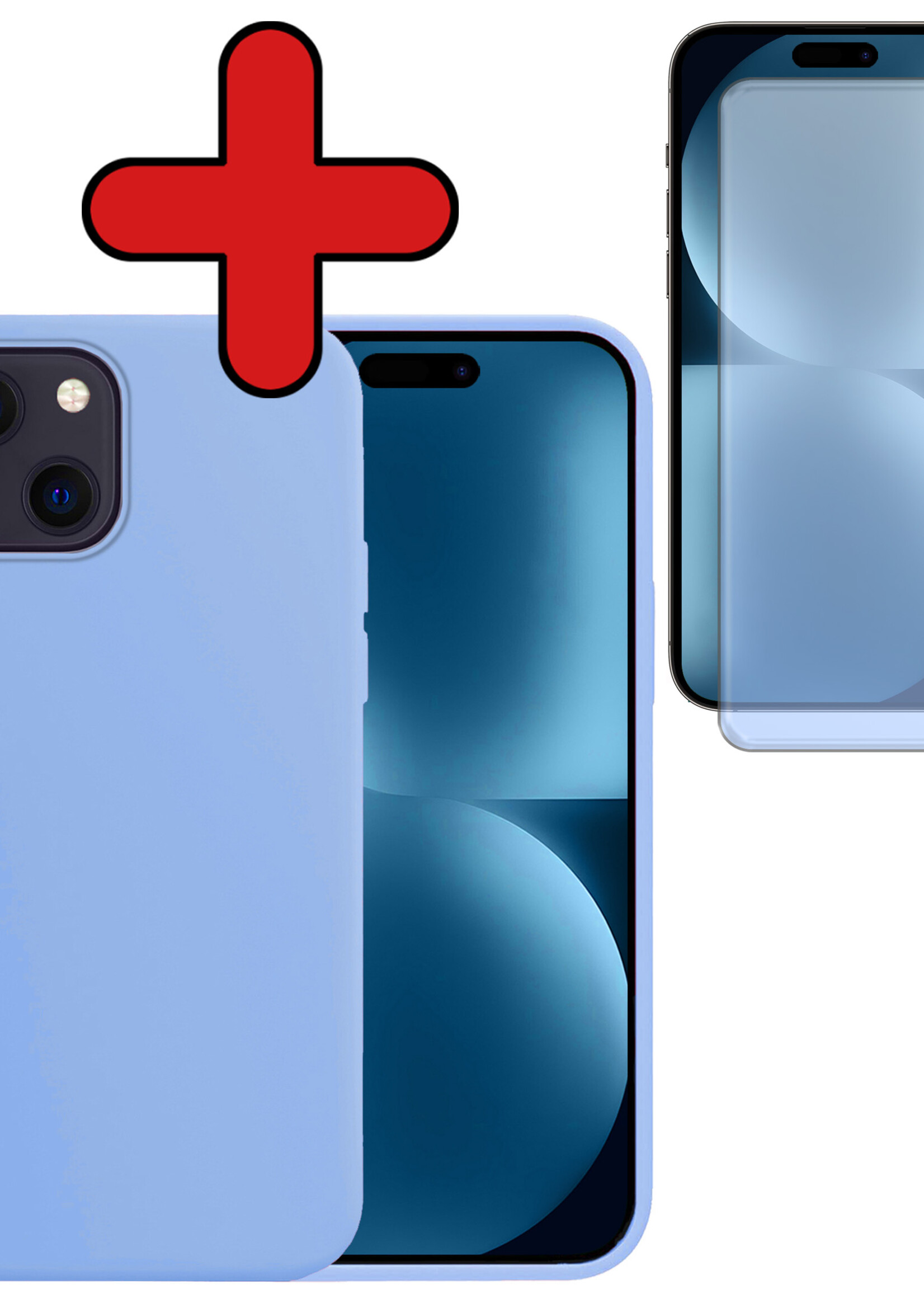 BTH Hoesje Geschikt voor iPhone 15 Hoesje Siliconen Case Hoes Met Screenprotector - Hoes Geschikt voor iPhone 15 Hoes Cover Case - Lichtblauw