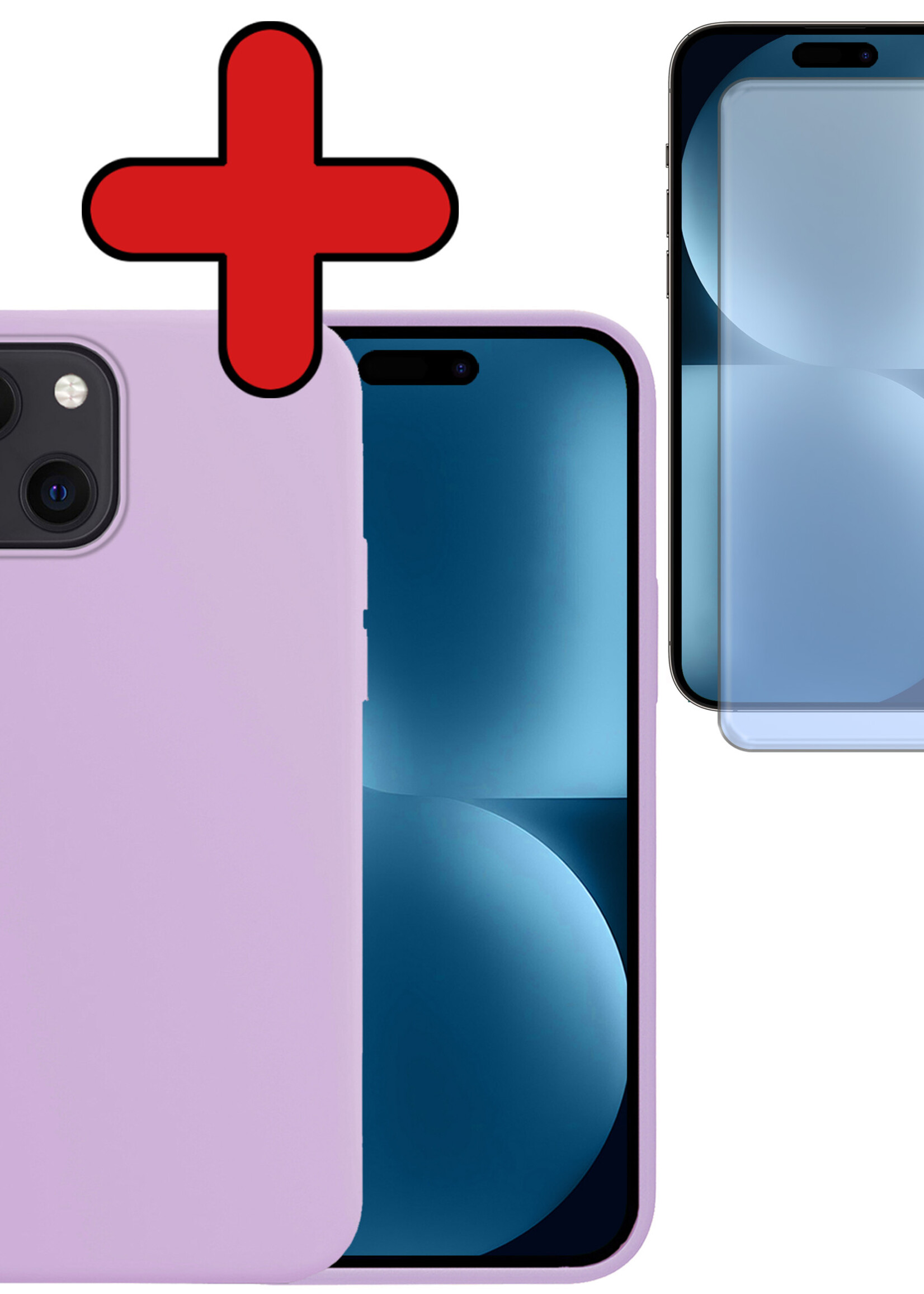 BTH Hoesje Geschikt voor iPhone 15 Hoesje Siliconen Case Hoes Met Screenprotector - Hoes Geschikt voor iPhone 15 Hoes Cover Case - Lila