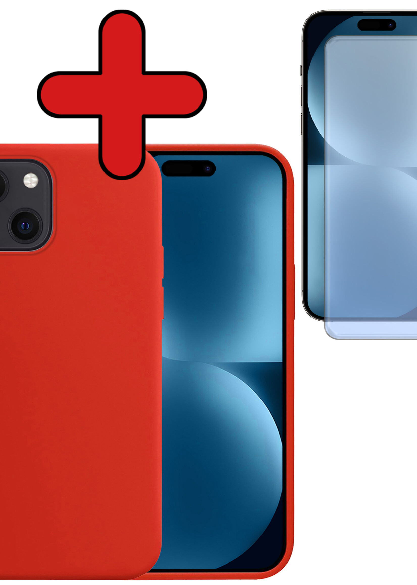 BTH Hoesje Geschikt voor iPhone 15 Hoesje Siliconen Case Hoes Met Screenprotector - Hoes Geschikt voor iPhone 15 Hoes Cover Case - Rood