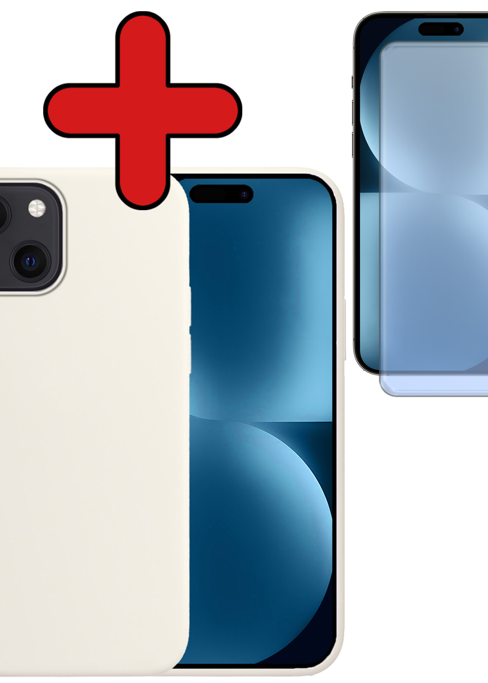 BTH Hoesje Geschikt voor iPhone 15 Hoesje Siliconen Case Hoes Met Screenprotector - Hoes Geschikt voor iPhone 15 Hoes Cover Case - Wit