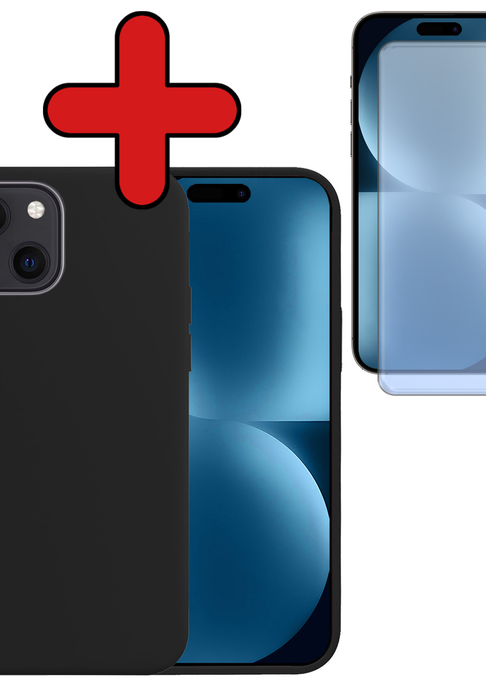 BTH Hoesje Geschikt voor iPhone 15 Hoesje Siliconen Case Hoes Met Screenprotector - Hoes Geschikt voor iPhone 15 Hoes Cover Case - Zwart