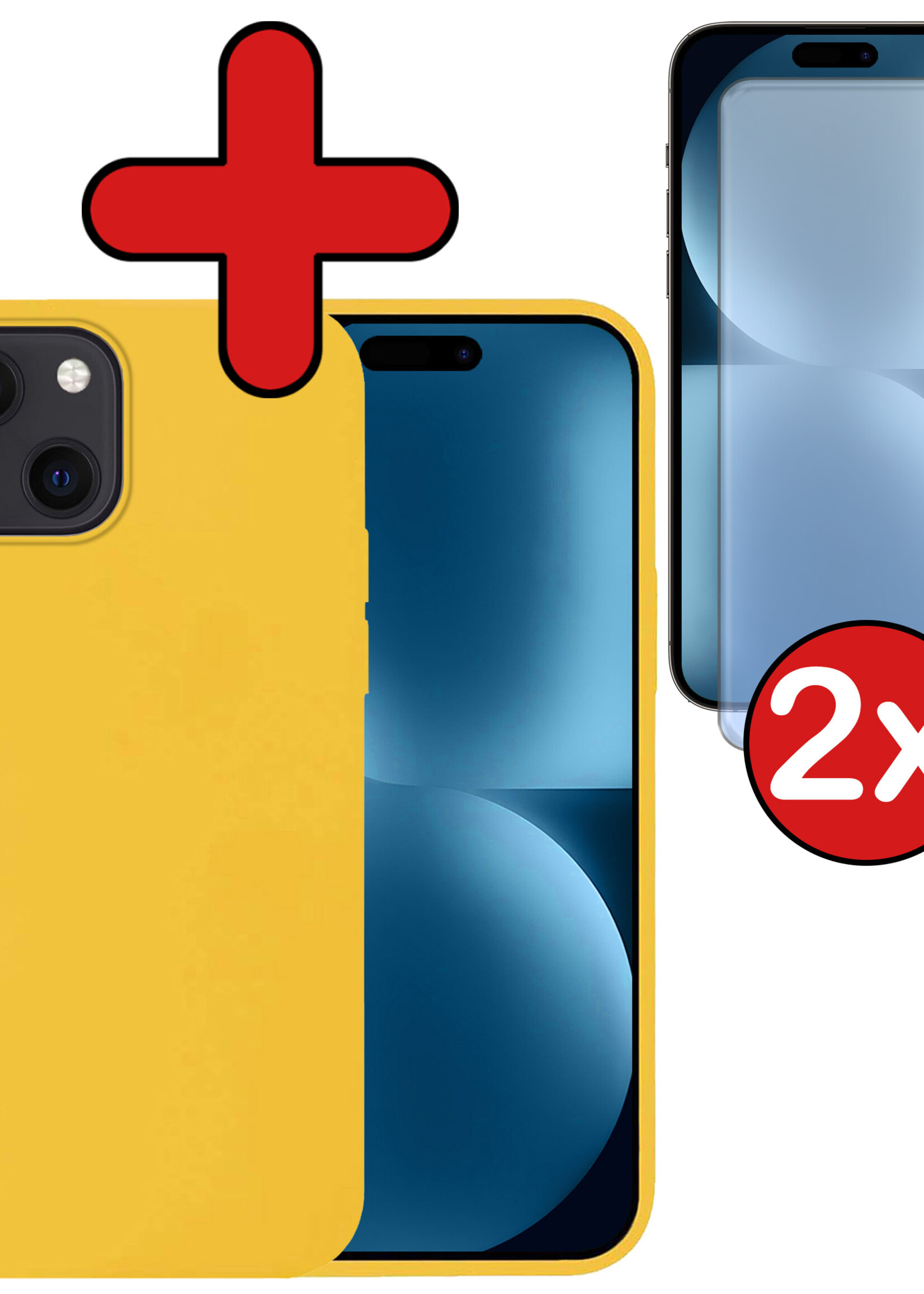 BTH Hoesje Geschikt voor iPhone 15 Hoesje Siliconen Case Hoes Met 2x Screenprotector - Hoes Geschikt voor iPhone 15 Hoes Cover Case - Geel