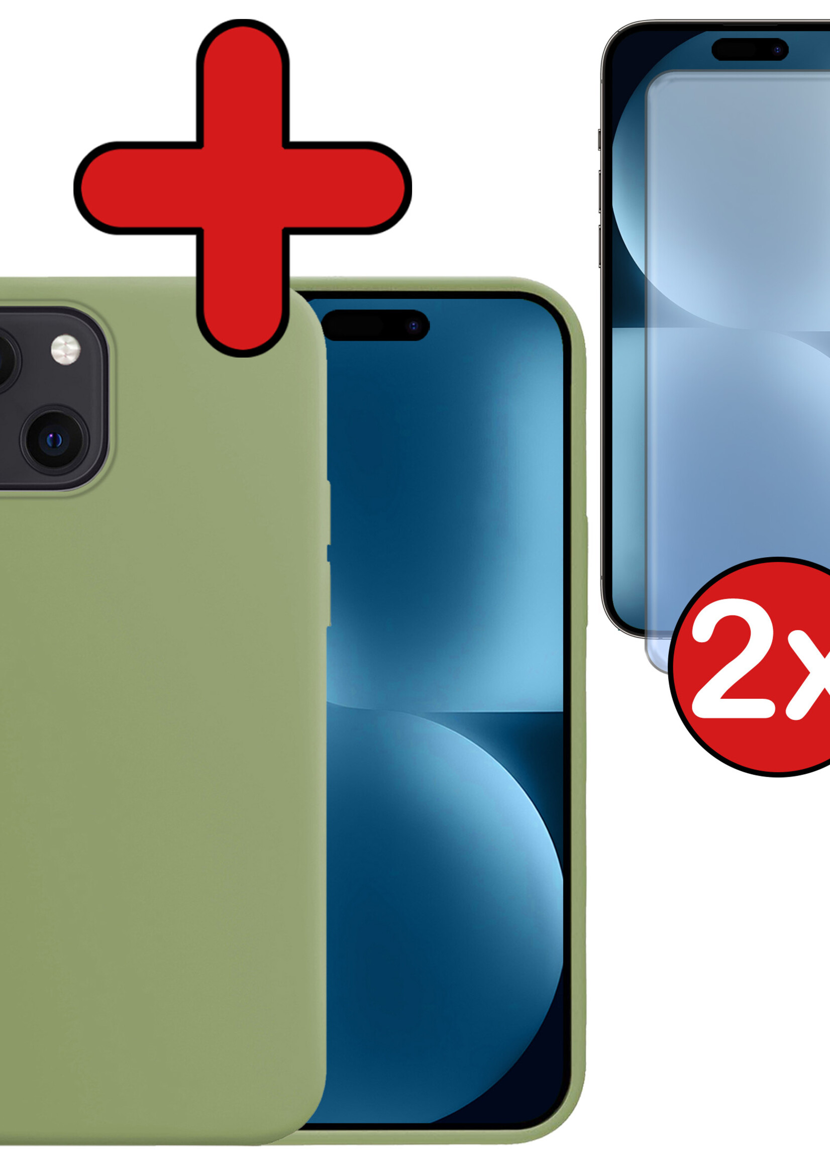 BTH Hoesje Geschikt voor iPhone 15 Hoesje Siliconen Case Hoes Met 2x Screenprotector - Hoes Geschikt voor iPhone 15 Hoes Cover Case - Groen