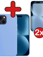 BTH BTH iPhone 15 Hoesje Siliconen Met 2x Screenprotector Met Dichte Notch - Lichtblauw