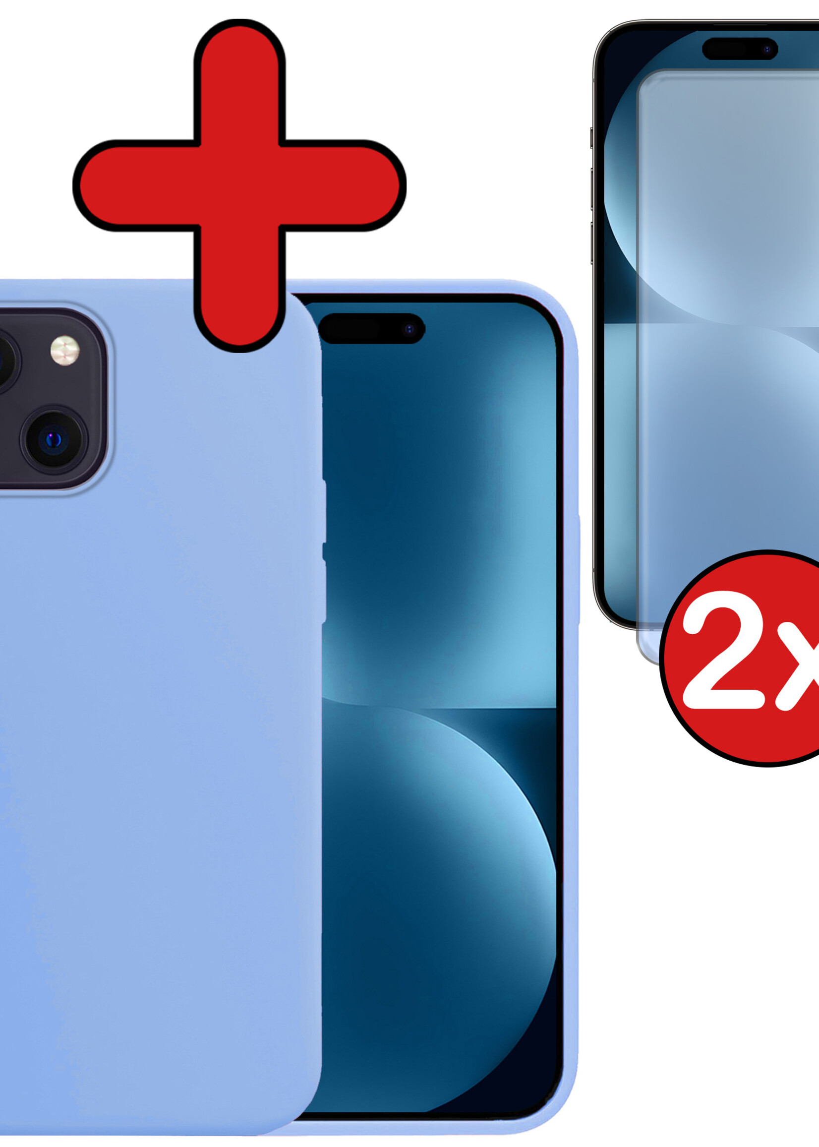 BTH Hoesje Geschikt voor iPhone 15 Hoesje Siliconen Case Hoes Met 2x Screenprotector - Hoes Geschikt voor iPhone 15 Hoes Cover Case - Lichtblauw