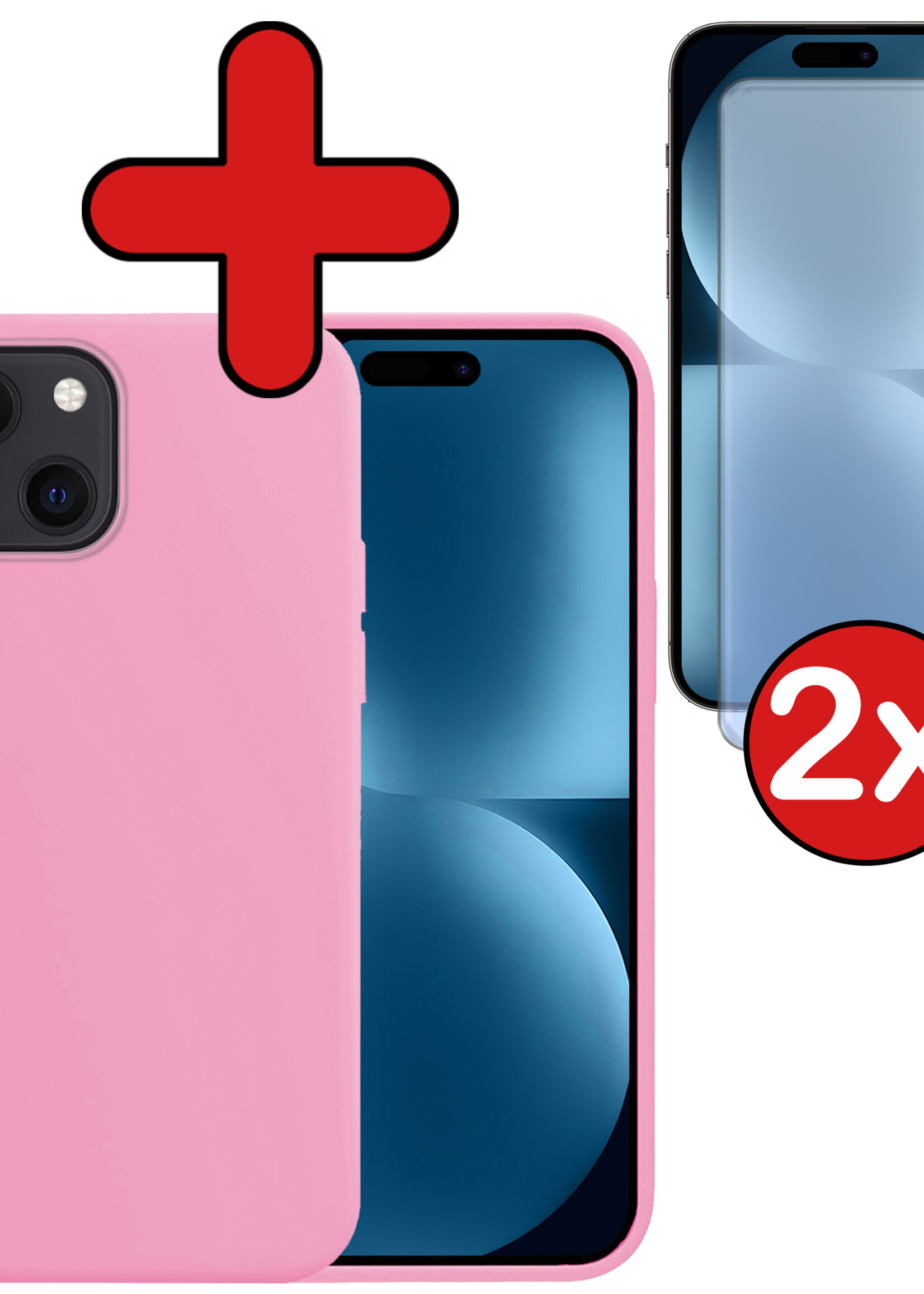BTH Hoesje Geschikt voor iPhone 15 Hoesje Siliconen Case Hoes Met 2x Screenprotector - Hoes Geschikt voor iPhone 15 Hoes Cover Case - Lichtroze