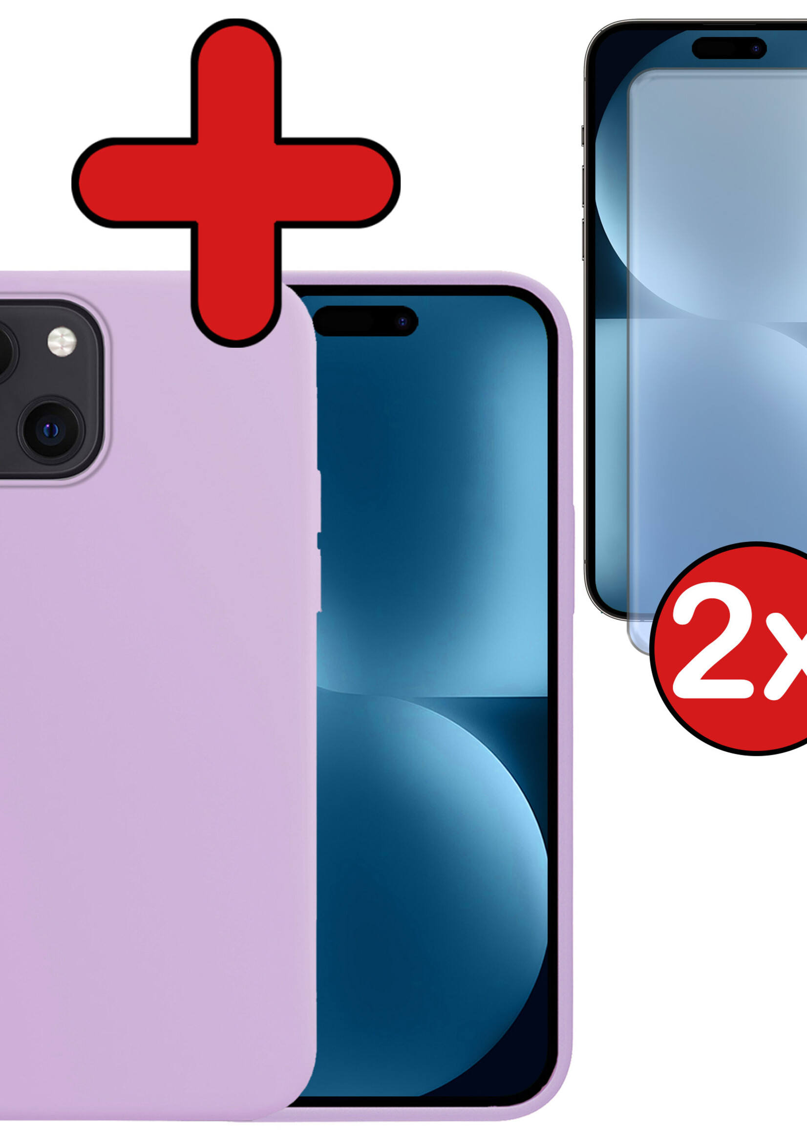 BTH Hoesje Geschikt voor iPhone 15 Hoesje Siliconen Case Hoes Met 2x Screenprotector - Hoes Geschikt voor iPhone 15 Hoes Cover Case - Lila