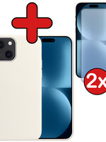 BTH BTH iPhone 15 Hoesje Siliconen Met 2x Screenprotector Met Dichte Notch - Wit