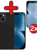 BTH BTH iPhone 15 Hoesje Siliconen Met 2x Screenprotector Met Dichte Notch - Zwart