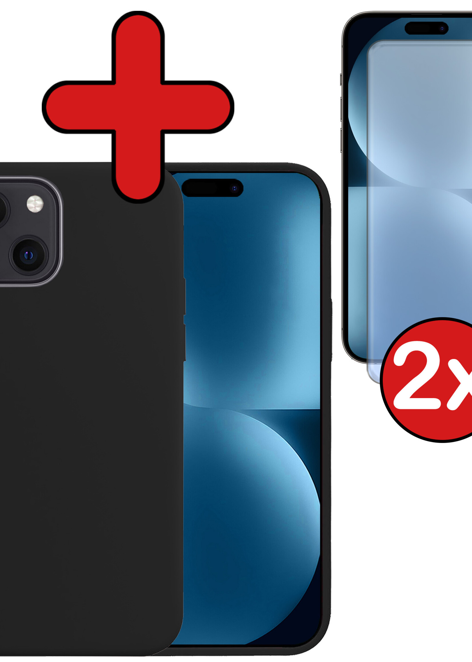 BTH Hoesje Geschikt voor iPhone 15 Hoesje Siliconen Case Hoes Met 2x Screenprotector - Hoes Geschikt voor iPhone 15 Hoes Cover Case - Zwart