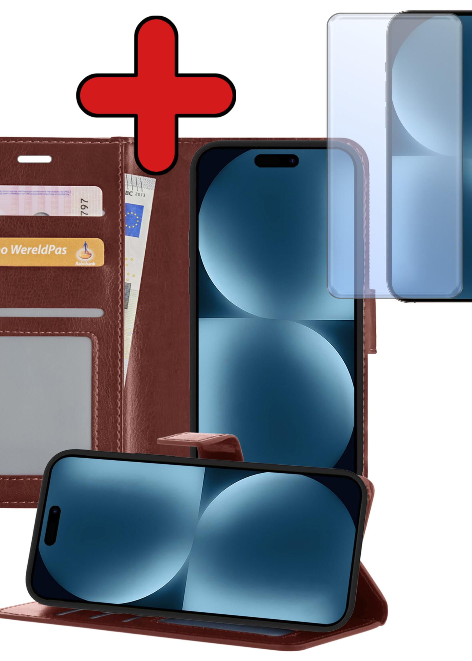 BTH Hoesje Geschikt voor iPhone 15 Hoesje Book Case Hoes Portemonnee Cover Walletcase Met Screenprotector - Hoes Geschikt voor iPhone 15 Hoes Bookcase Hoesje - Bruin