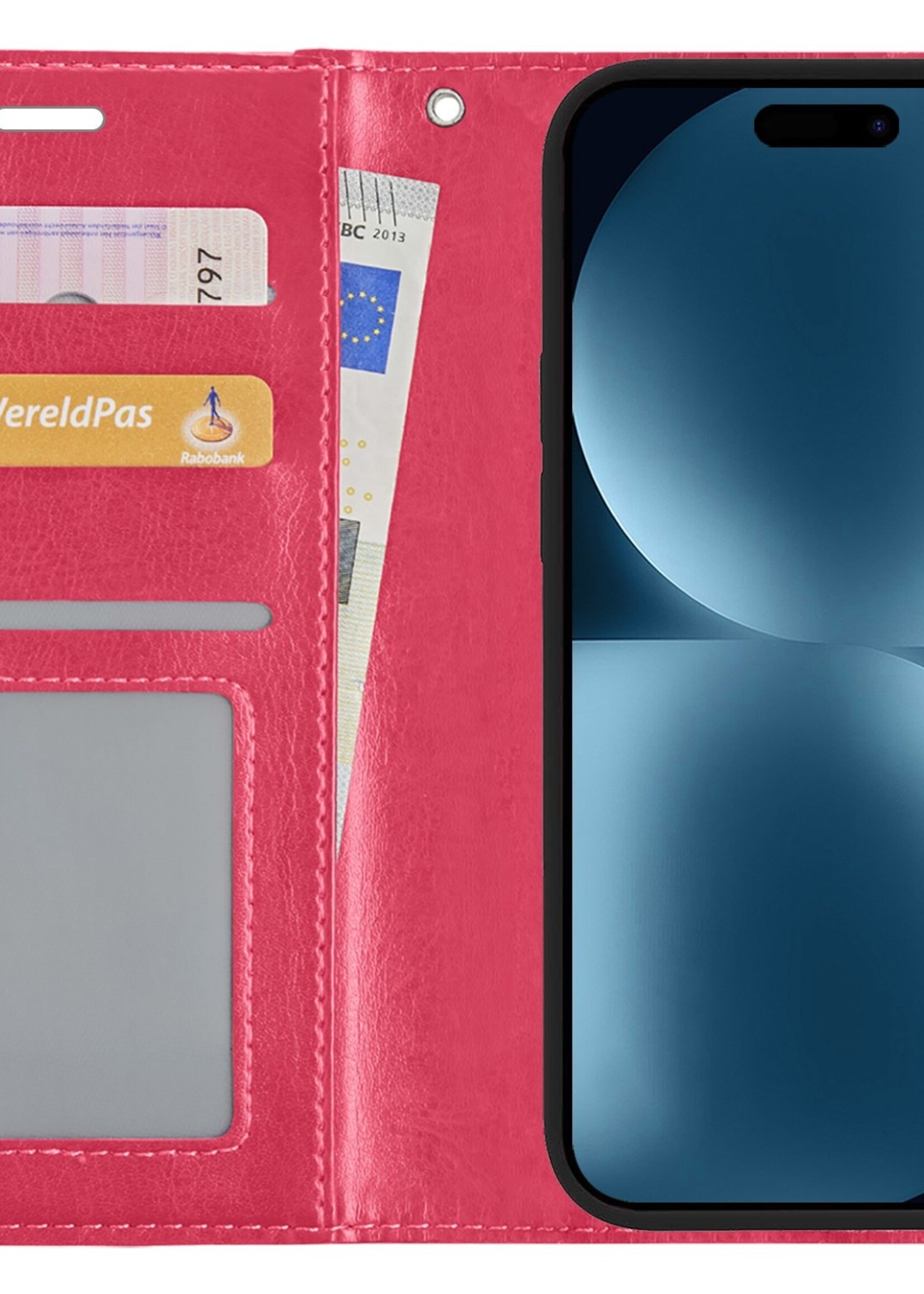 BTH Hoesje Geschikt voor iPhone 15 Hoesje Book Case Hoes Portemonnee Cover Walletcase Met 2x Screenprotector - Hoes Geschikt voor iPhone 15 Hoes Bookcase Hoesje - Donkerroze