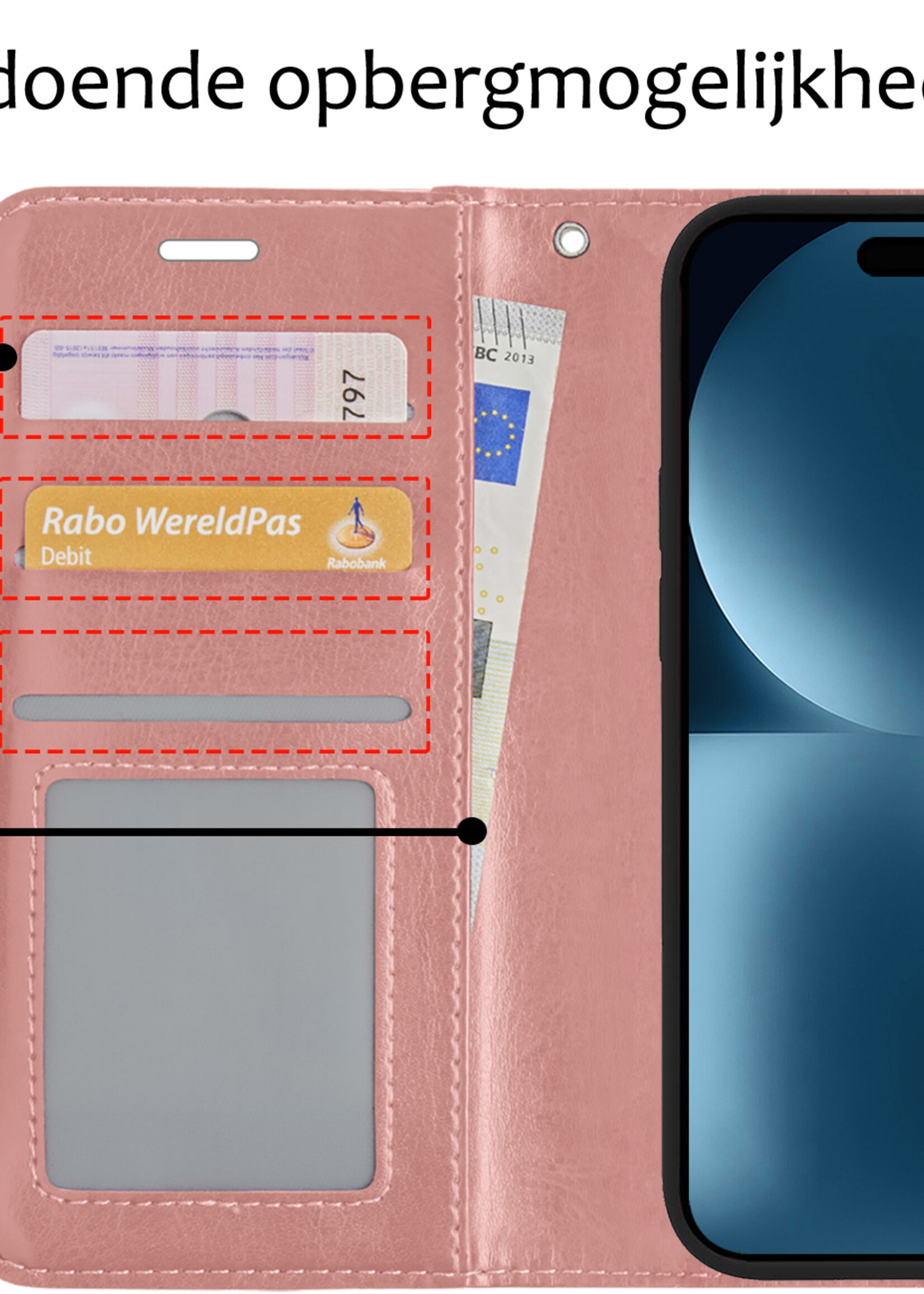 BTH Hoesje Geschikt voor iPhone 15 Plus Hoesje Book Case Hoes Portemonnee Cover Walletcase Met Screenprotector - Hoes Geschikt voor iPhone 15 Plus Hoes Bookcase Hoesje - Rosé goud