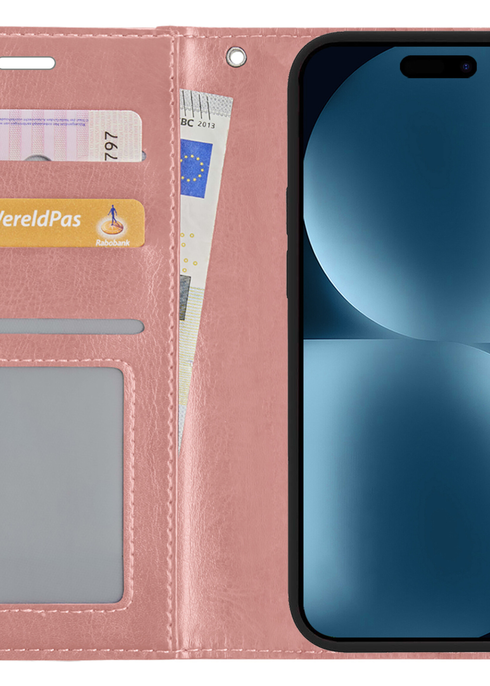 BTH Hoesje Geschikt voor iPhone 15 Plus Hoesje Book Case Hoes Portemonnee Cover Walletcase Met Screenprotector - Hoes Geschikt voor iPhone 15 Plus Hoes Bookcase Hoesje - Rosé goud