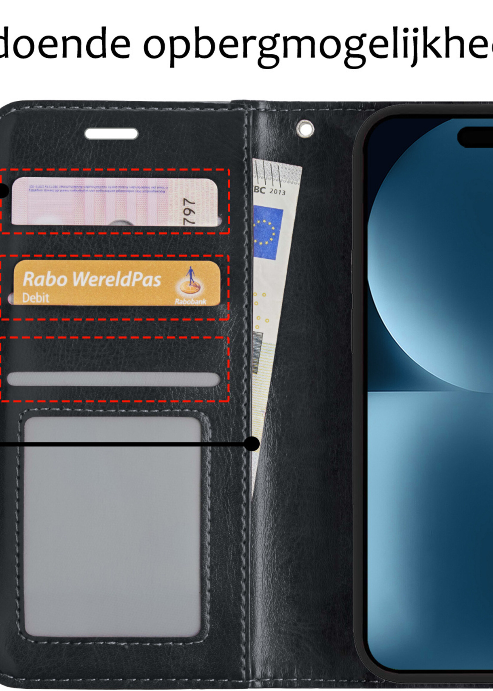 BTH Hoesje Geschikt voor iPhone 15 Plus Hoesje Book Case Hoes Portemonnee Cover Walletcase Met Screenprotector - Hoes Geschikt voor iPhone 15 Plus Hoes Bookcase Hoesje - Zwart