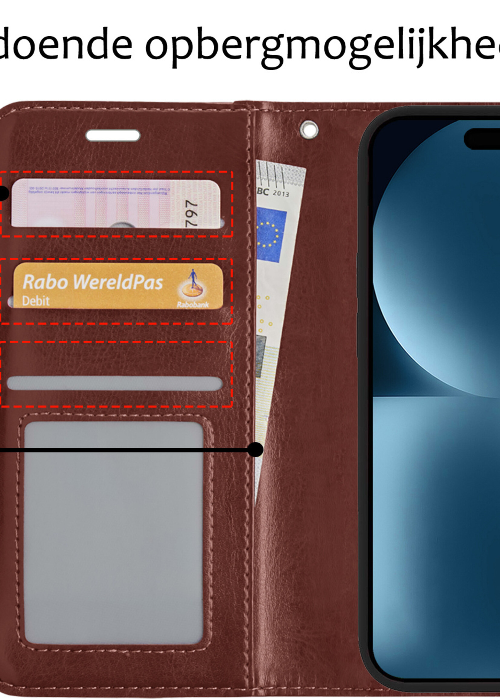 BTH Hoesje Geschikt voor iPhone 15 Plus Hoesje Book Case Hoes Portemonnee Cover Walletcase Met 2x Screenprotector - Hoes Geschikt voor iPhone 15 Plus Hoes Bookcase Hoesje - Bruin