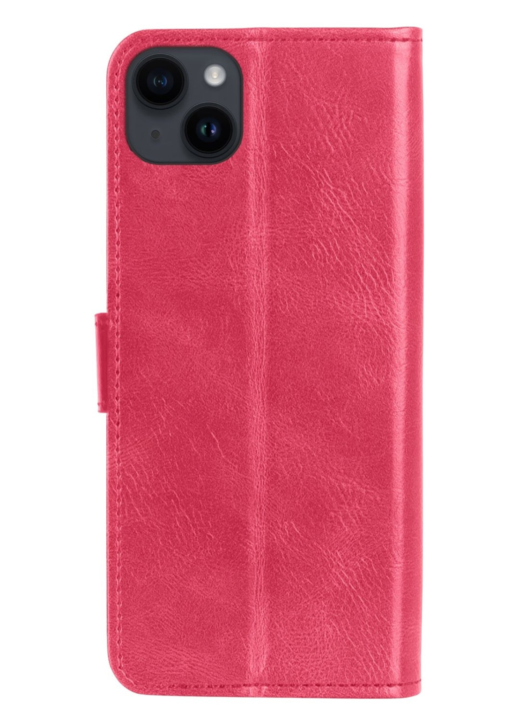 BTH Hoesje Geschikt voor iPhone 15 Plus Hoesje Book Case Hoes Portemonnee Cover Walletcase Met 2x Screenprotector - Hoes Geschikt voor iPhone 15 Plus Hoes Bookcase Hoesje - Donkerroze