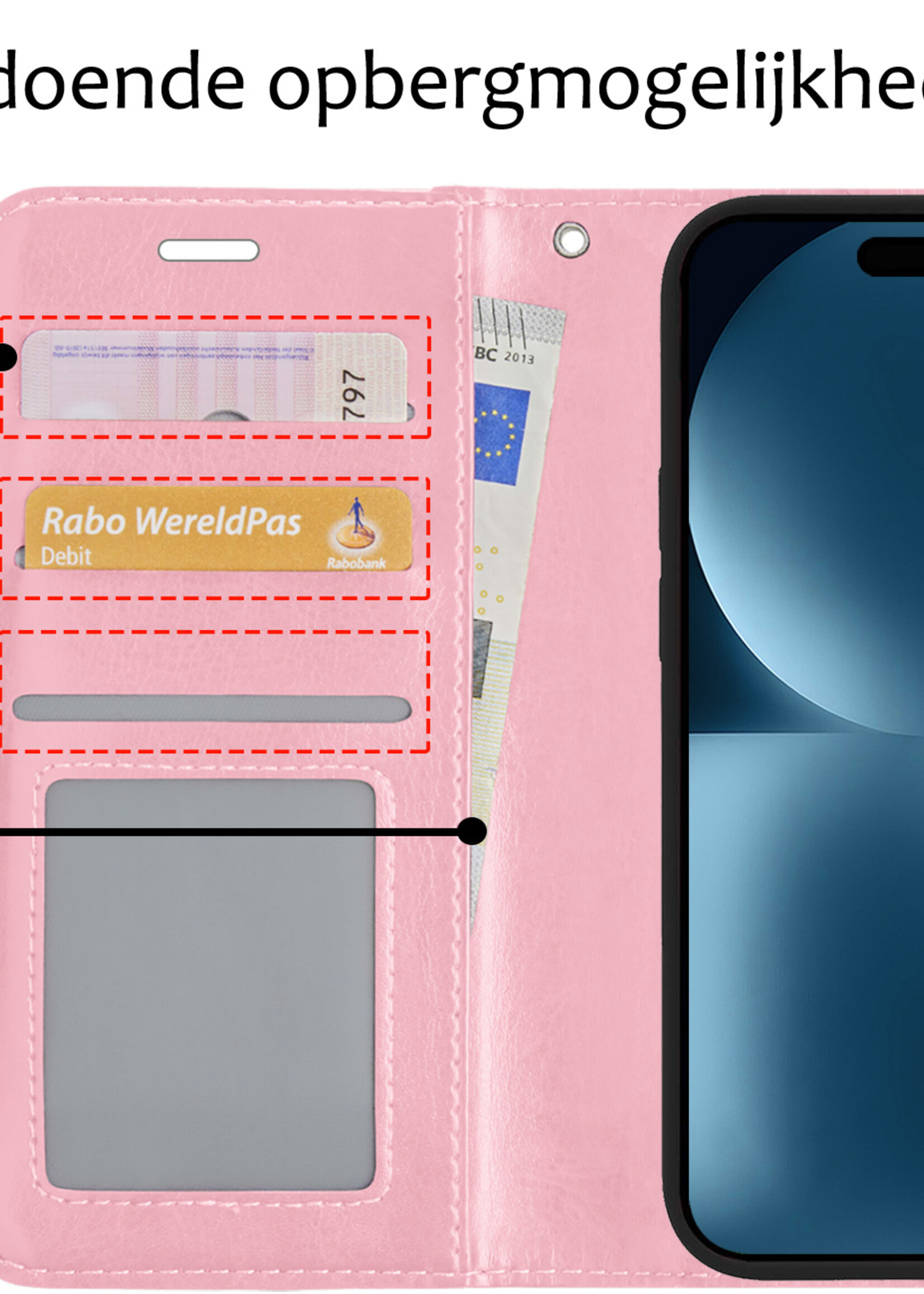 BTH Hoesje Geschikt voor iPhone 15 Plus Hoesje Book Case Hoes Portemonnee Cover Walletcase Met 2x Screenprotector - Hoes Geschikt voor iPhone 15 Plus Hoes Bookcase Hoesje - Lichtroze