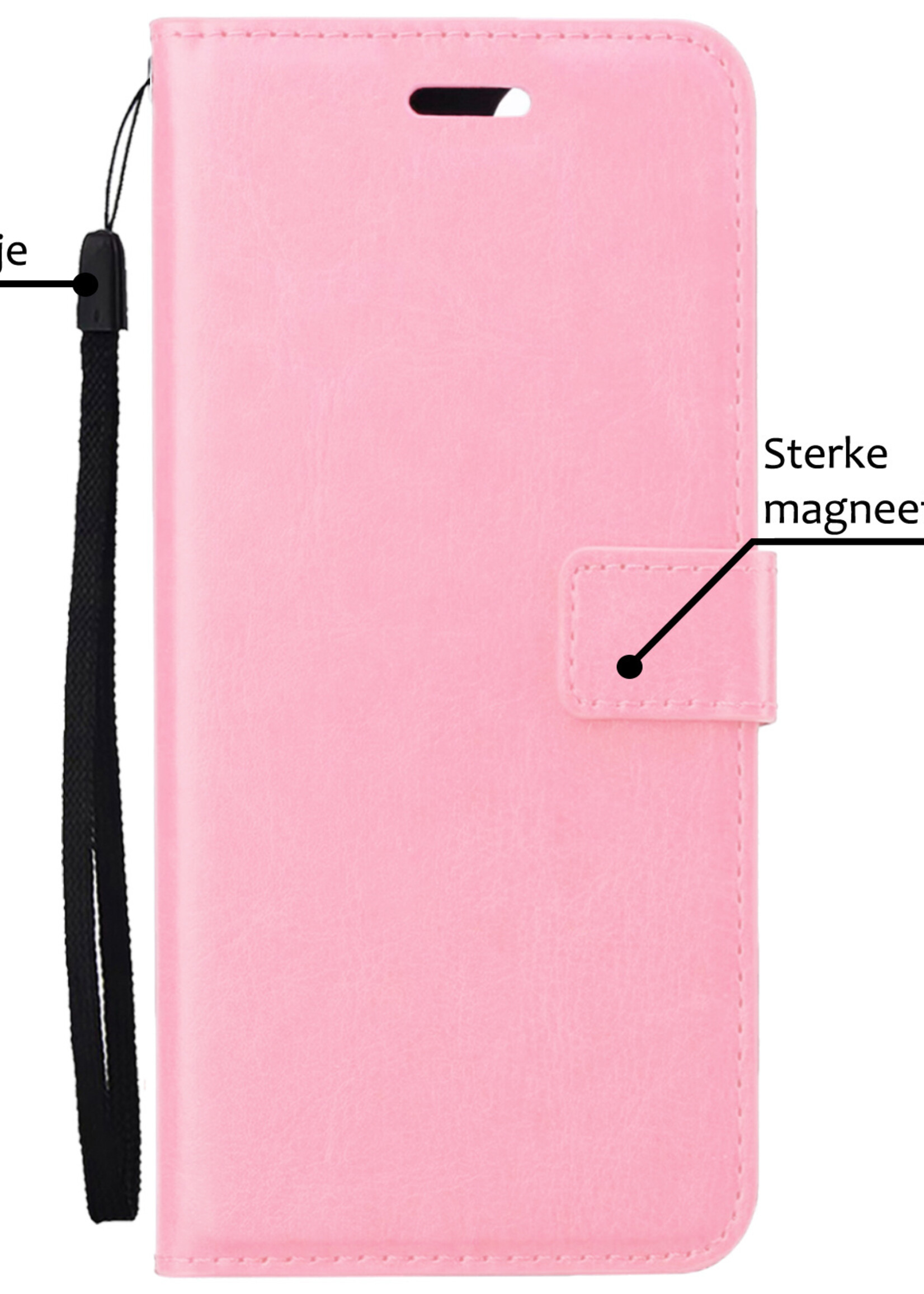 BTH Hoesje Geschikt voor iPhone 15 Plus Hoesje Book Case Hoes Portemonnee Cover Walletcase Met 2x Screenprotector - Hoes Geschikt voor iPhone 15 Plus Hoes Bookcase Hoesje - Lichtroze