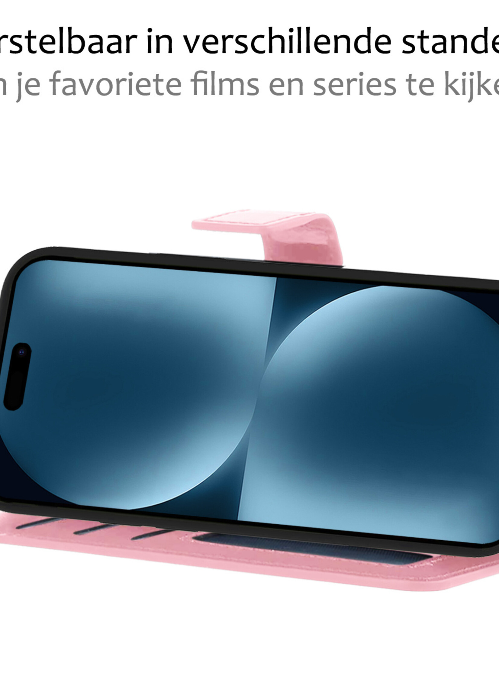 BTH Hoesje Geschikt voor iPhone 15 Plus Hoesje Book Case Hoes Portemonnee Cover Walletcase Met 2x Screenprotector - Hoes Geschikt voor iPhone 15 Plus Hoes Bookcase Hoesje - Lichtroze