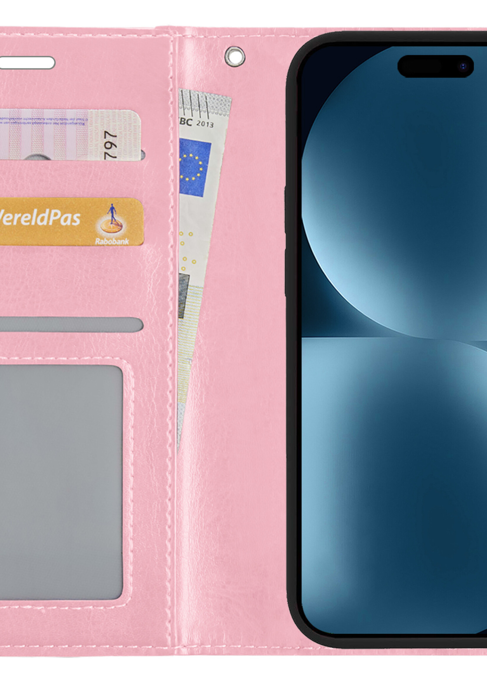 BTH Hoesje Geschikt voor iPhone 15 Plus Hoesje Book Case Hoes Portemonnee Cover Walletcase Met 2x Screenprotector - Hoes Geschikt voor iPhone 15 Plus Hoes Bookcase Hoesje - Lichtroze