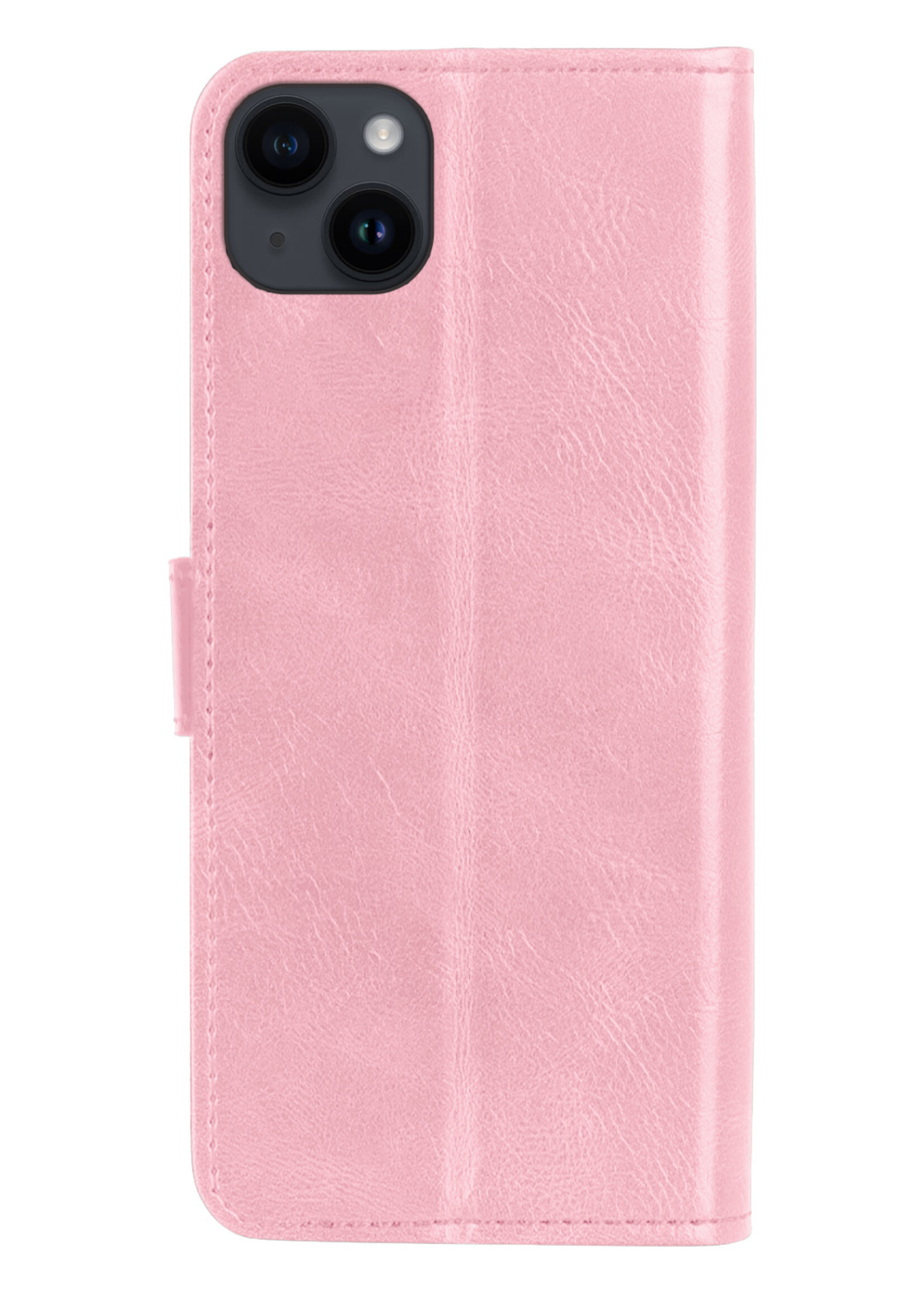 BTH Hoesje Geschikt voor iPhone 15 Plus Hoesje Book Case Hoes Portemonnee Cover Walletcase Met 2x Screenprotector - Hoes Geschikt voor iPhone 15 Plus Hoes Bookcase Hoesje - Lichtroze
