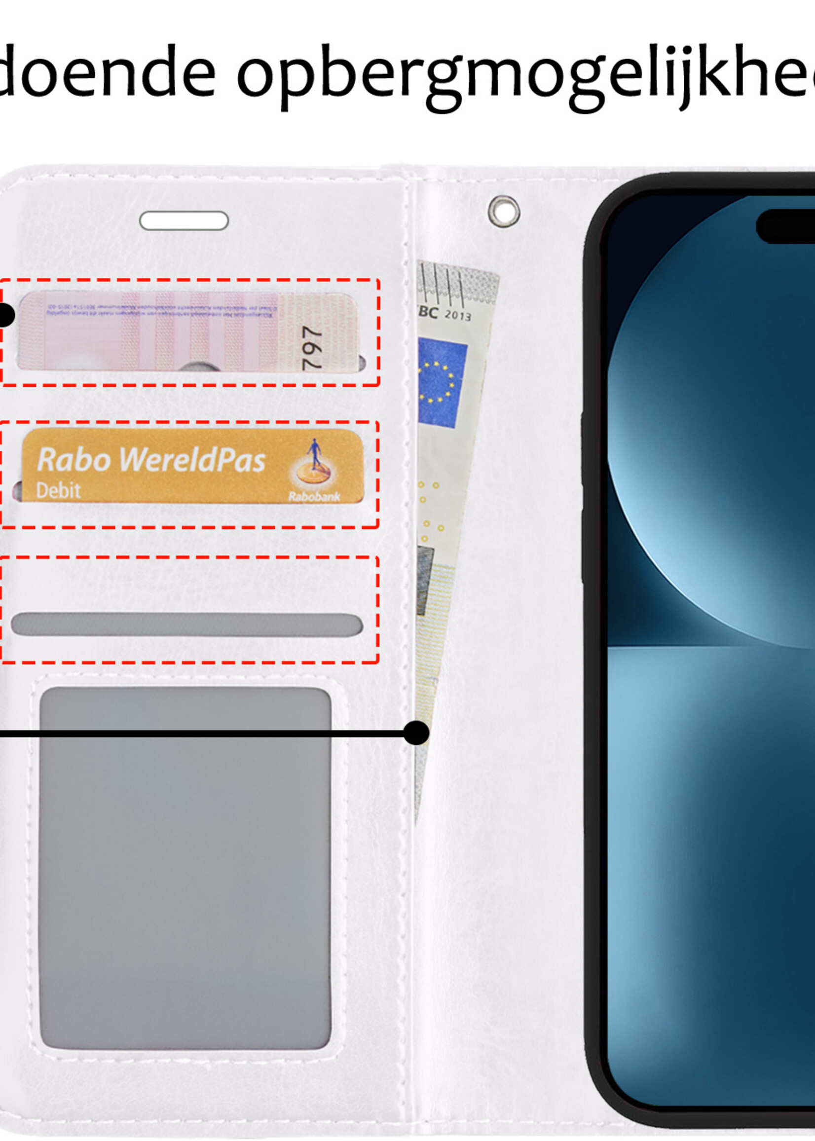 BTH Hoesje Geschikt voor iPhone 15 Plus Hoesje Book Case Hoes Portemonnee Cover Walletcase Met 2x Screenprotector - Hoes Geschikt voor iPhone 15 Plus Hoes Bookcase Hoesje - Wit
