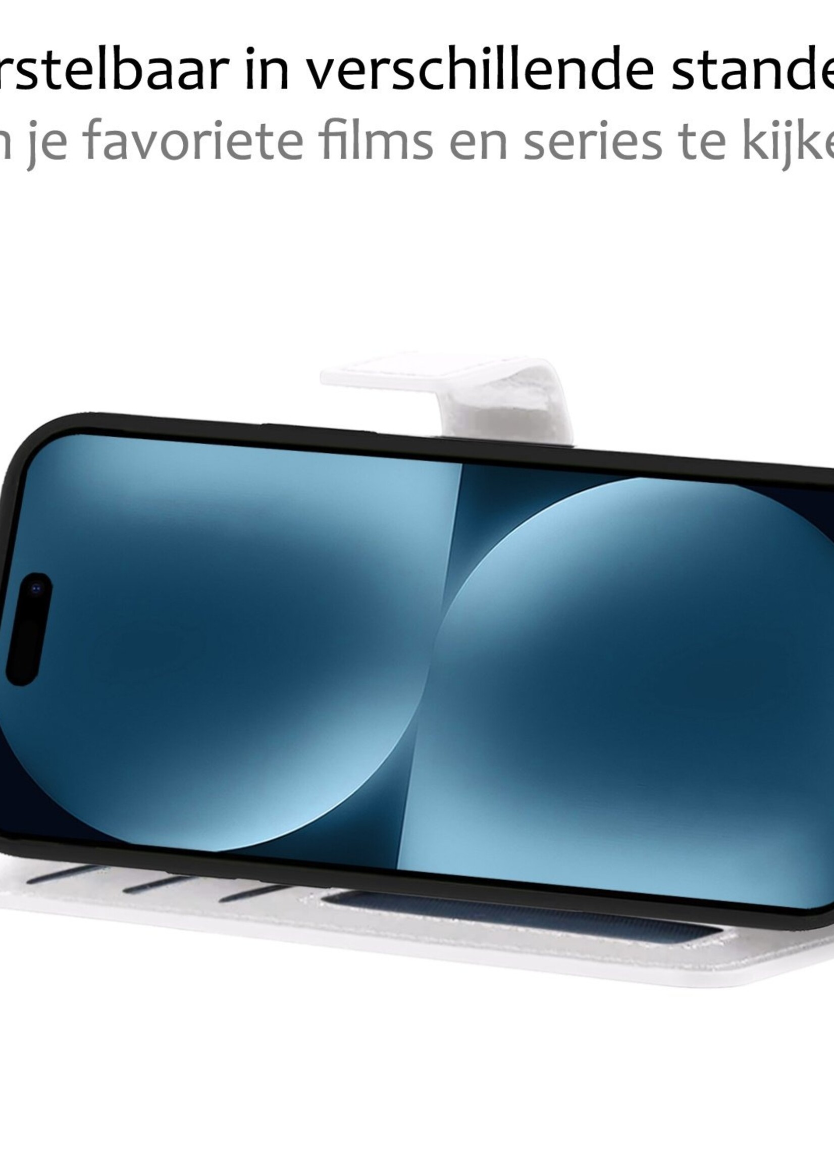 BTH Hoesje Geschikt voor iPhone 15 Plus Hoesje Book Case Hoes Portemonnee Cover Walletcase Met 2x Screenprotector - Hoes Geschikt voor iPhone 15 Plus Hoes Bookcase Hoesje - Wit