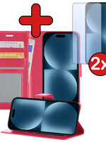 BTH BTH iPhone 15 Hoesje Bookcase Met 2x Screenprotector - Donkerroze