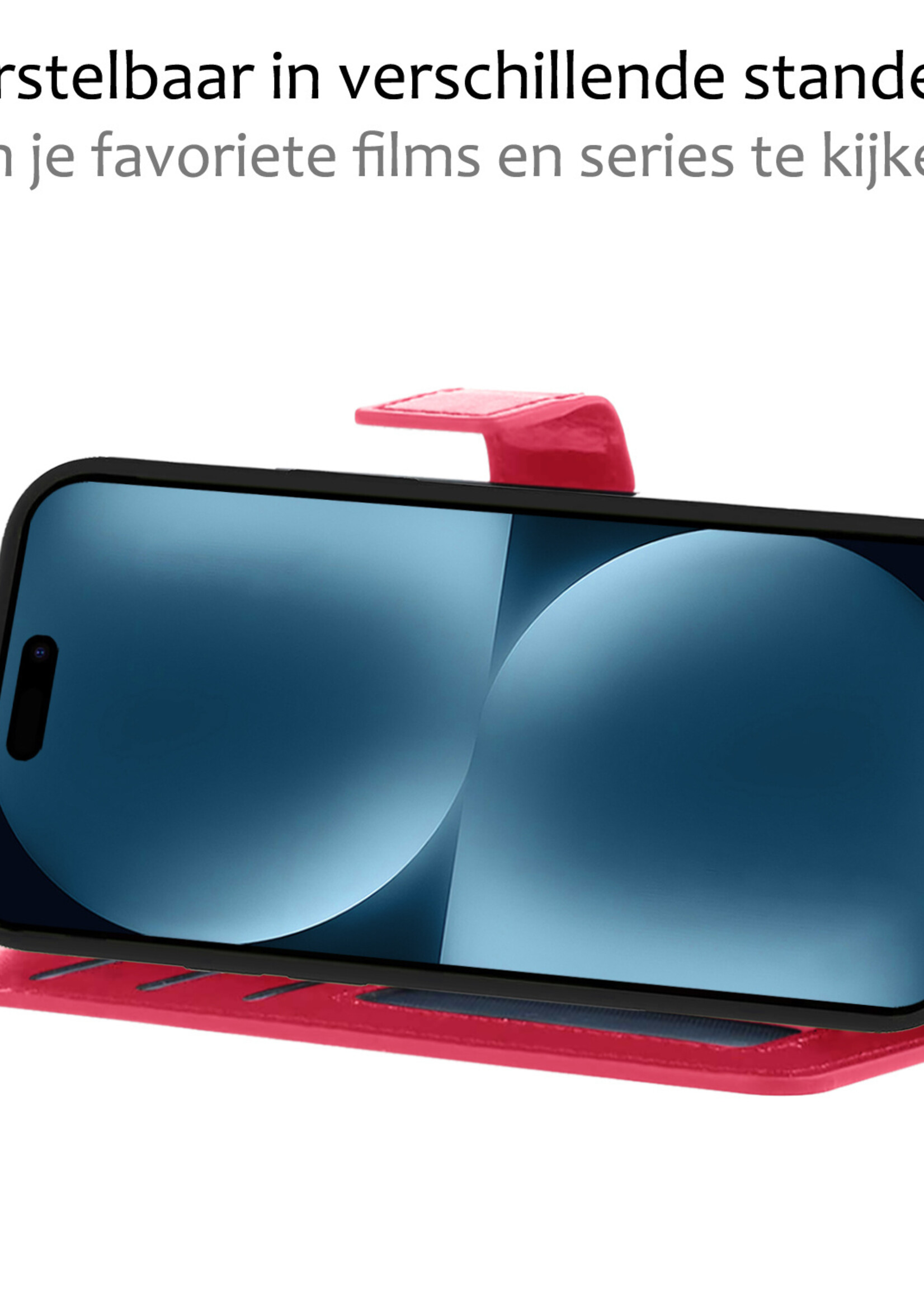 BTH Hoesje Geschikt voor iPhone 15 Pro Hoesje Book Case Hoes Portemonnee Cover Walletcase Met Screenprotector - Hoes Geschikt voor iPhone 15 Pro Hoes Bookcase Hoesje - Donkerroze