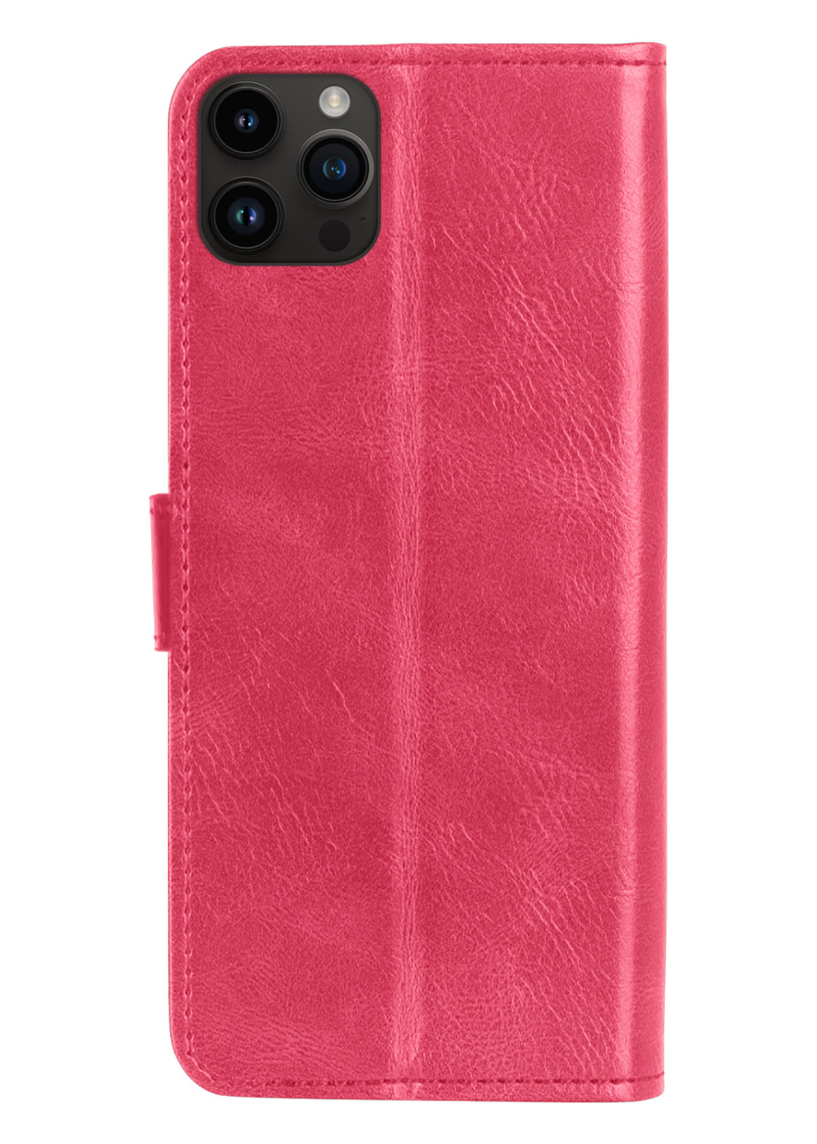 BTH Hoesje Geschikt voor iPhone 15 Pro Hoesje Book Case Hoes Portemonnee Cover Walletcase Met Screenprotector - Hoes Geschikt voor iPhone 15 Pro Hoes Bookcase Hoesje - Donkerroze