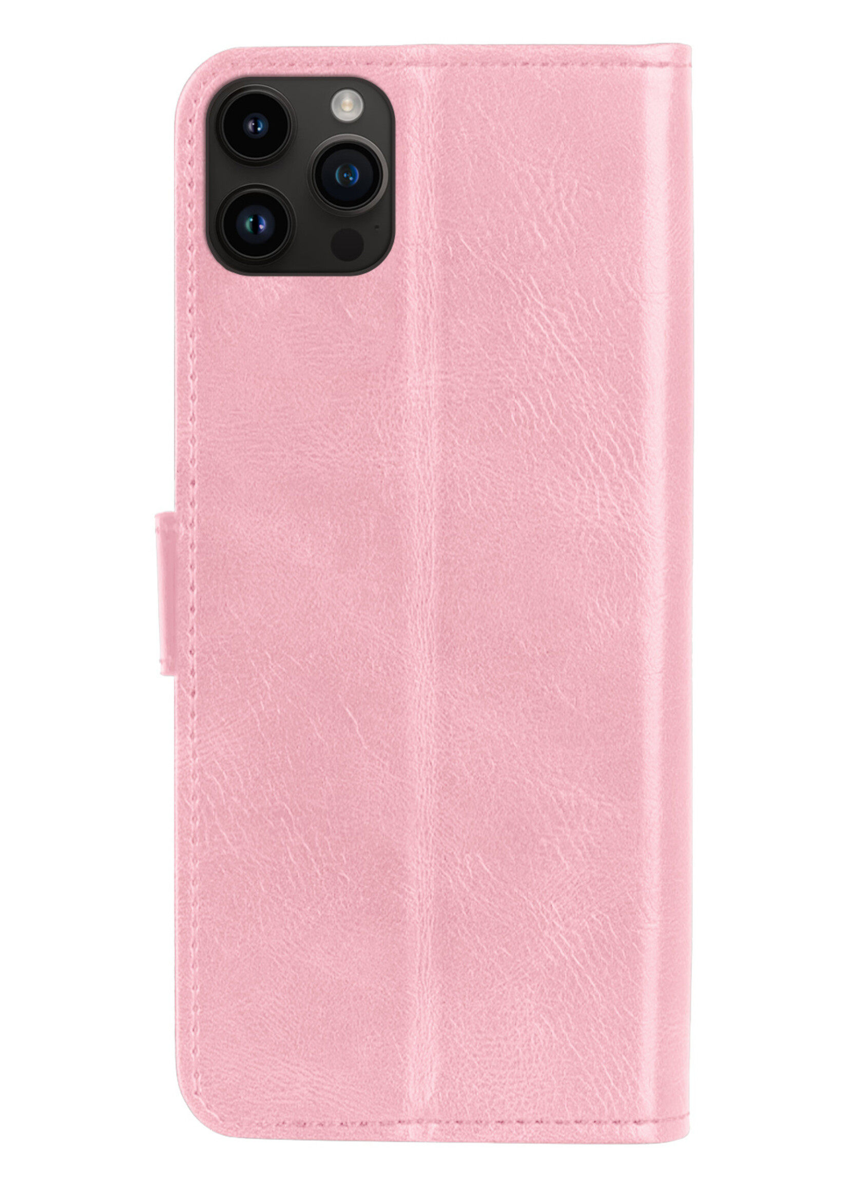 BTH Hoesje Geschikt voor iPhone 15 Pro Hoesje Book Case Hoes Portemonnee Cover Walletcase Met Screenprotector - Hoes Geschikt voor iPhone 15 Pro Hoes Bookcase Hoesje - Lichtroze