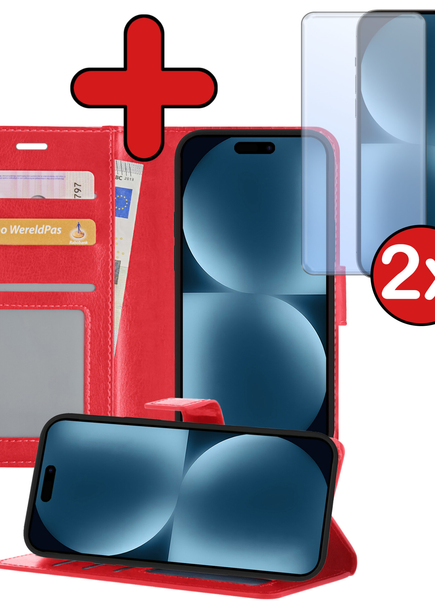 BTH Hoesje Geschikt voor iPhone 15 Hoesje Book Case Hoes Portemonnee Cover Walletcase Met 2x Screenprotector - Hoes Geschikt voor iPhone 15 Hoes Bookcase Hoesje - Rood