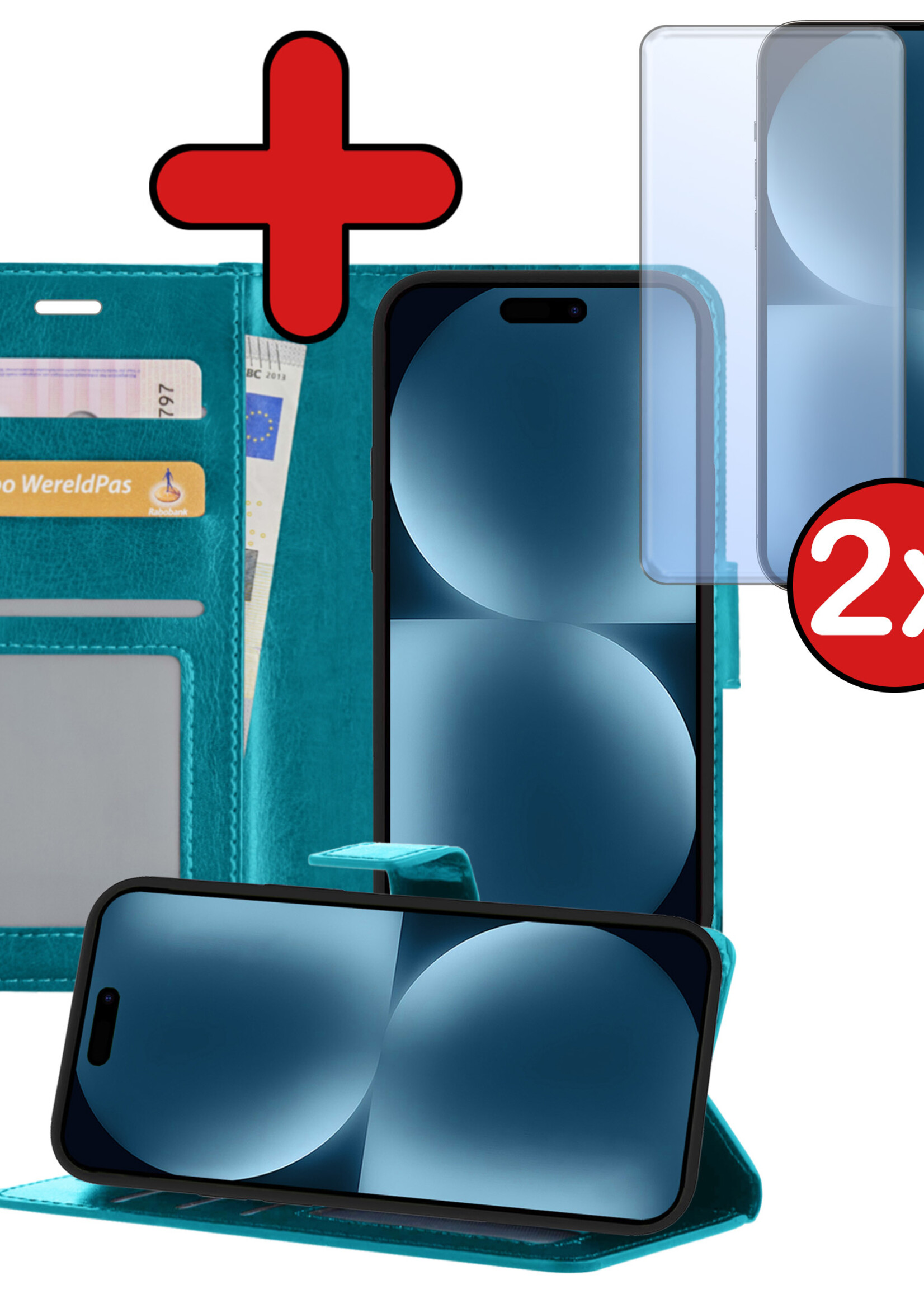 BTH Hoesje Geschikt voor iPhone 15 Hoesje Book Case Hoes Portemonnee Cover Walletcase Met 2x Screenprotector - Hoes Geschikt voor iPhone 15 Hoes Bookcase Hoesje - Turquoise