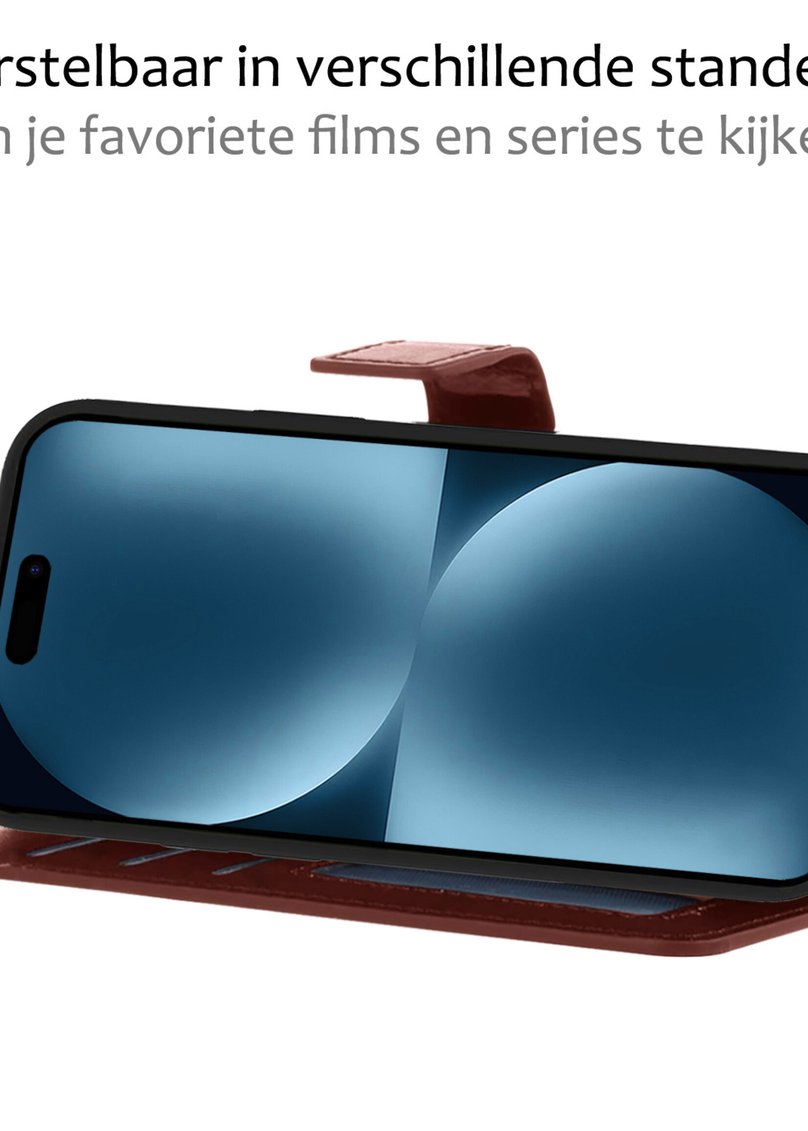 BTH Hoesje Geschikt voor iPhone 15 Pro Hoesje Book Case Hoes Portemonnee Cover Walletcase Met 2x Screenprotector - Hoes Geschikt voor iPhone 15 Pro Hoes Bookcase Hoesje - Bruin