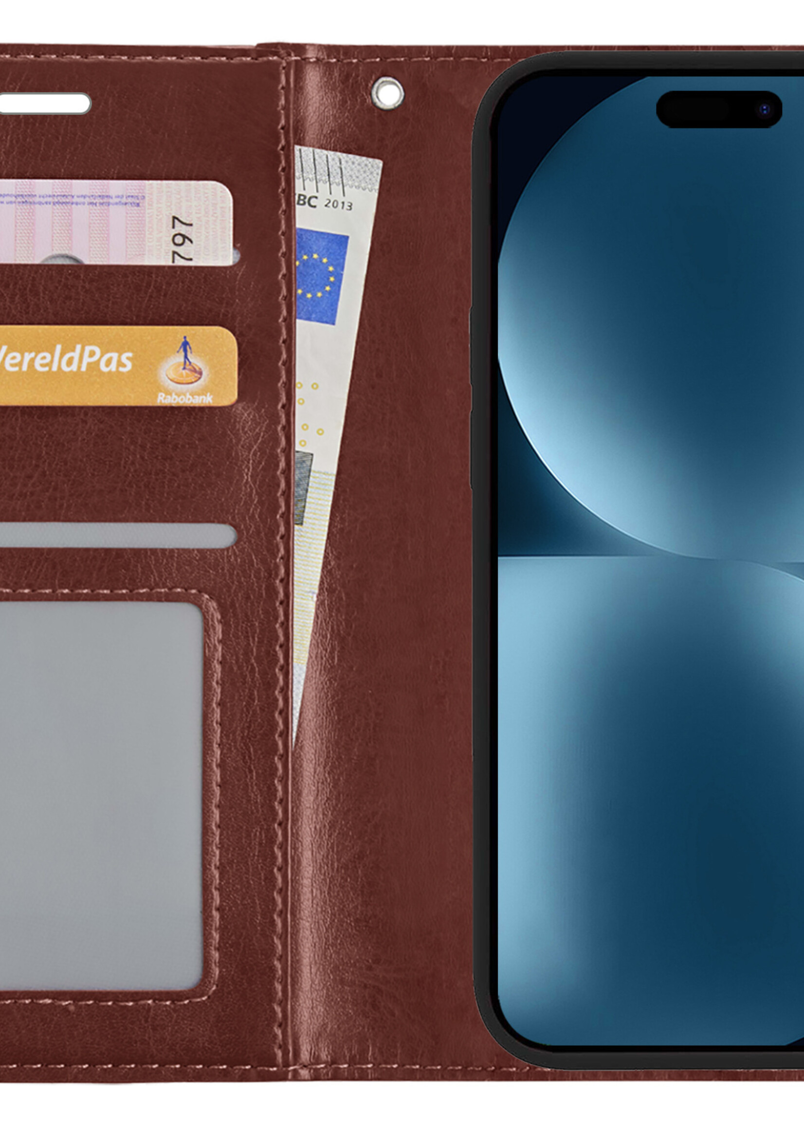 BTH Hoesje Geschikt voor iPhone 15 Pro Hoesje Book Case Hoes Portemonnee Cover Walletcase Met 2x Screenprotector - Hoes Geschikt voor iPhone 15 Pro Hoes Bookcase Hoesje - Bruin