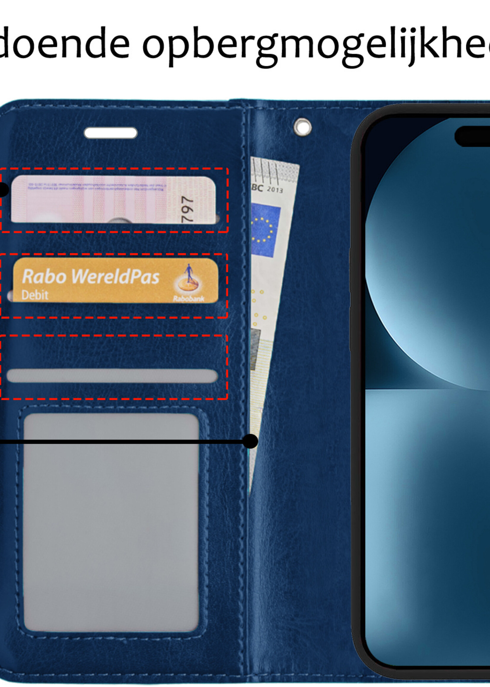 BTH Hoesje Geschikt voor iPhone 15 Pro Hoesje Book Case Hoes Portemonnee Cover Walletcase Met 2x Screenprotector - Hoes Geschikt voor iPhone 15 Pro Hoes Bookcase Hoesje - Donkerblauw