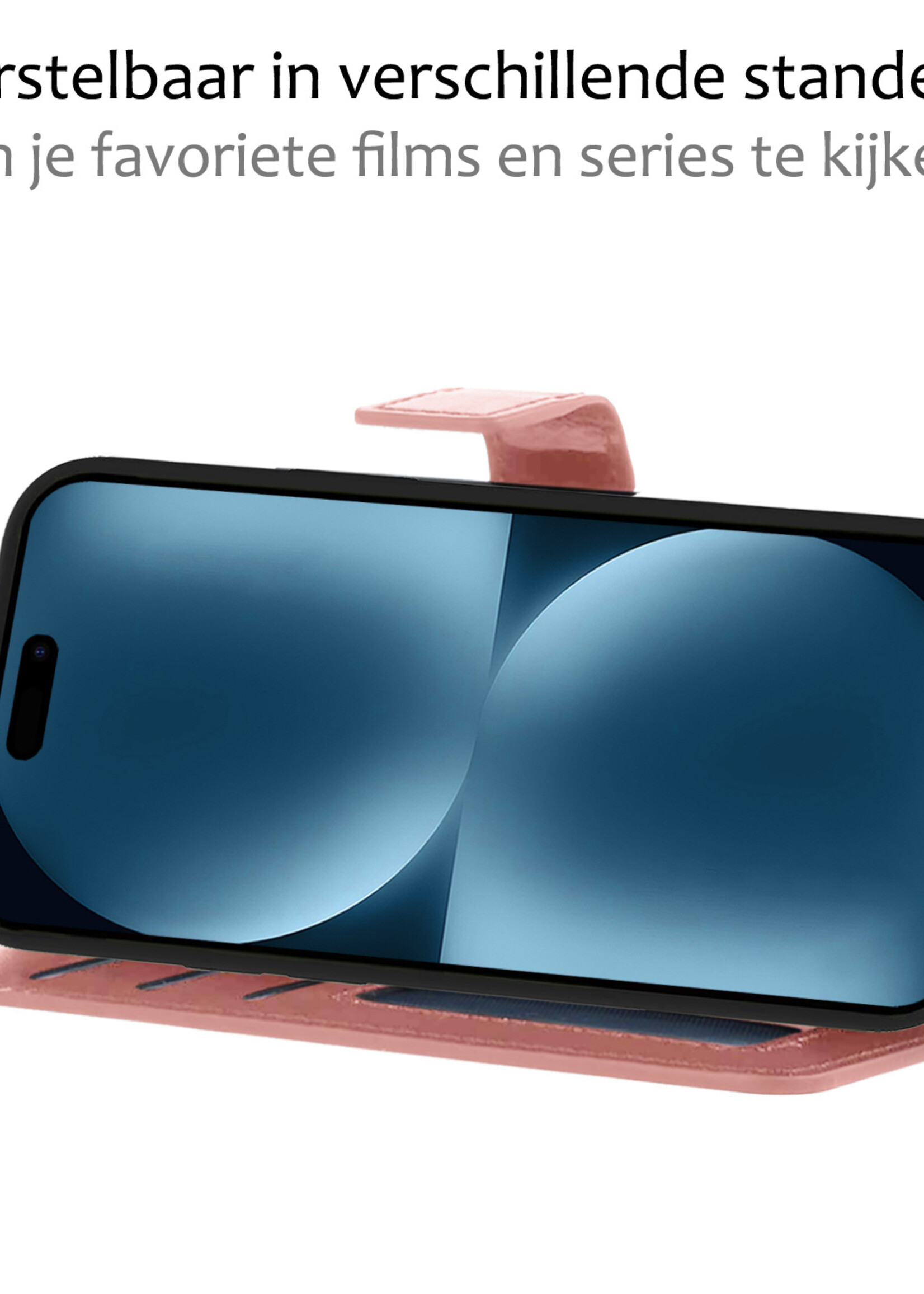 BTH Hoesje Geschikt voor iPhone 15 Pro Hoesje Book Case Hoes Portemonnee Cover Walletcase Met 2x Screenprotector - Hoes Geschikt voor iPhone 15 Pro Hoes Bookcase Hoesje - Rosé goud