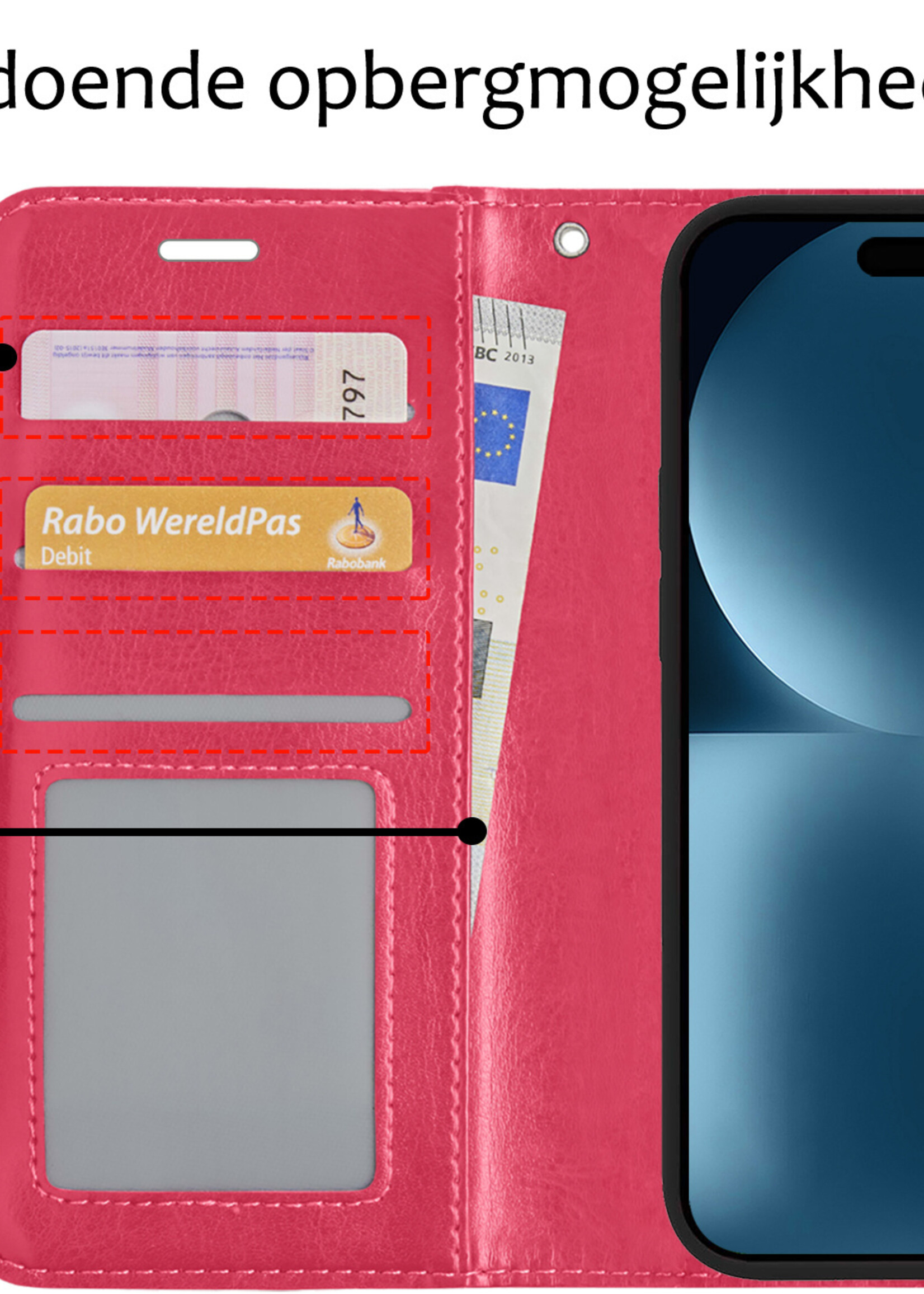 BTH Hoesje Geschikt voor iPhone 15 Pro Max Hoesje Book Case Hoes Portemonnee Cover Walletcase Met 2x Screenprotector - Hoes Geschikt voor iPhone 15 Pro Max Hoes Bookcase Hoesje - Donkerroze