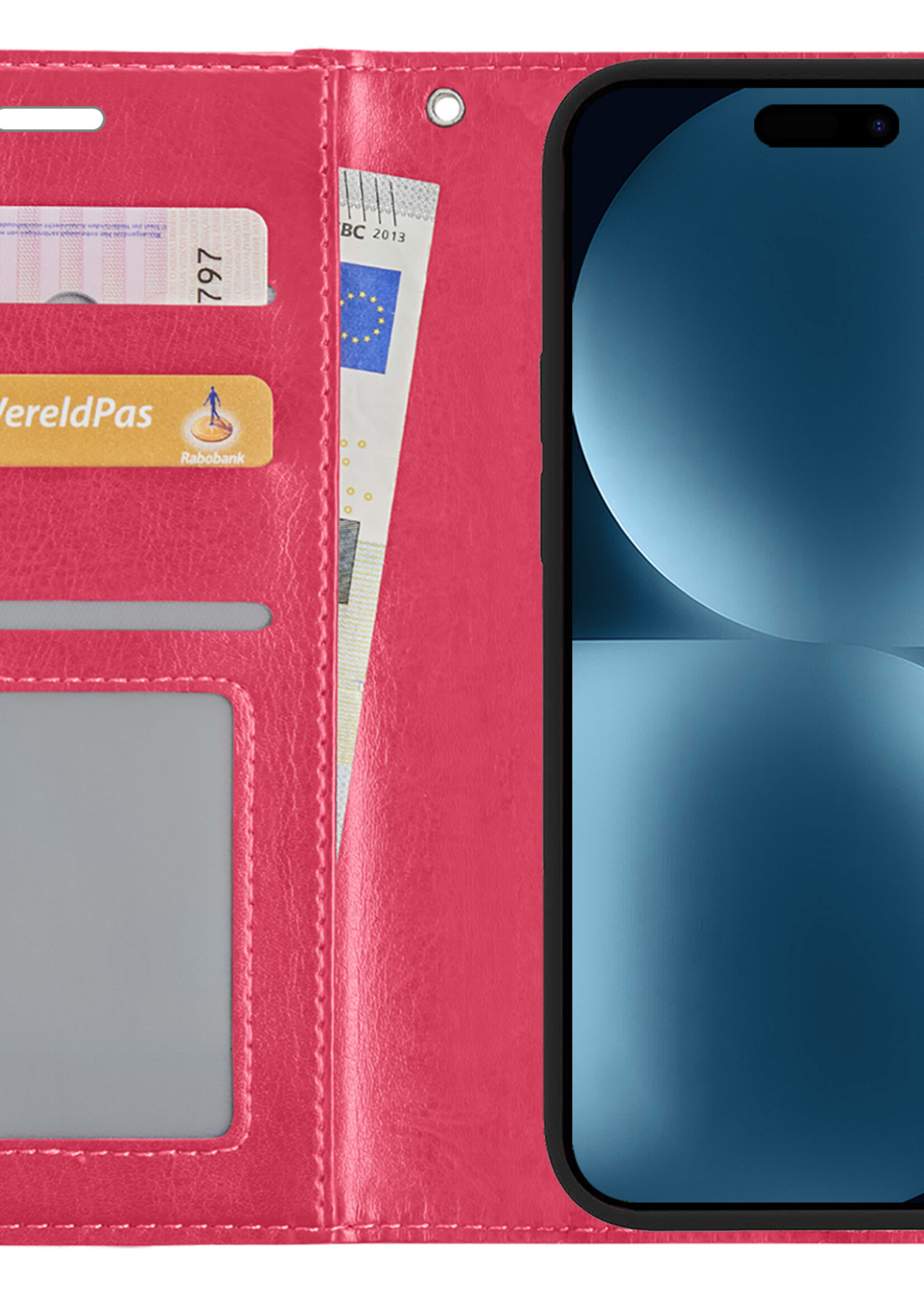 BTH Hoesje Geschikt voor iPhone 15 Pro Max Hoesje Book Case Hoes Portemonnee Cover Walletcase Met 2x Screenprotector - Hoes Geschikt voor iPhone 15 Pro Max Hoes Bookcase Hoesje - Donkerroze