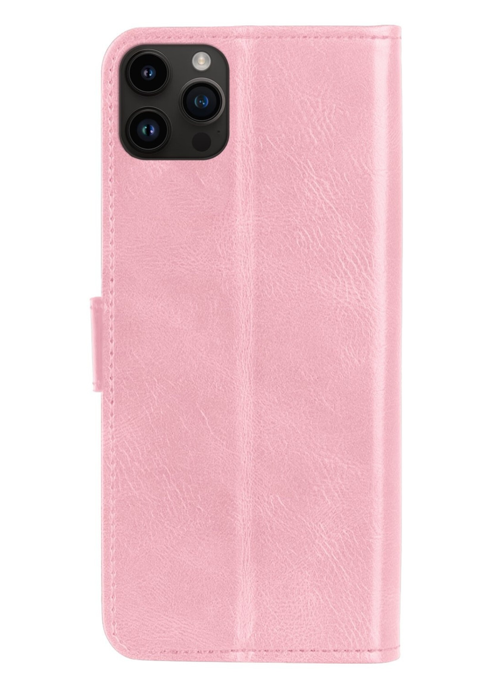 BTH Hoesje Geschikt voor iPhone 15 Pro Max Hoesje Book Case Hoes Portemonnee Cover Walletcase Met 2x Screenprotector - Hoes Geschikt voor iPhone 15 Pro Max Hoes Bookcase Hoesje - Lichtroze